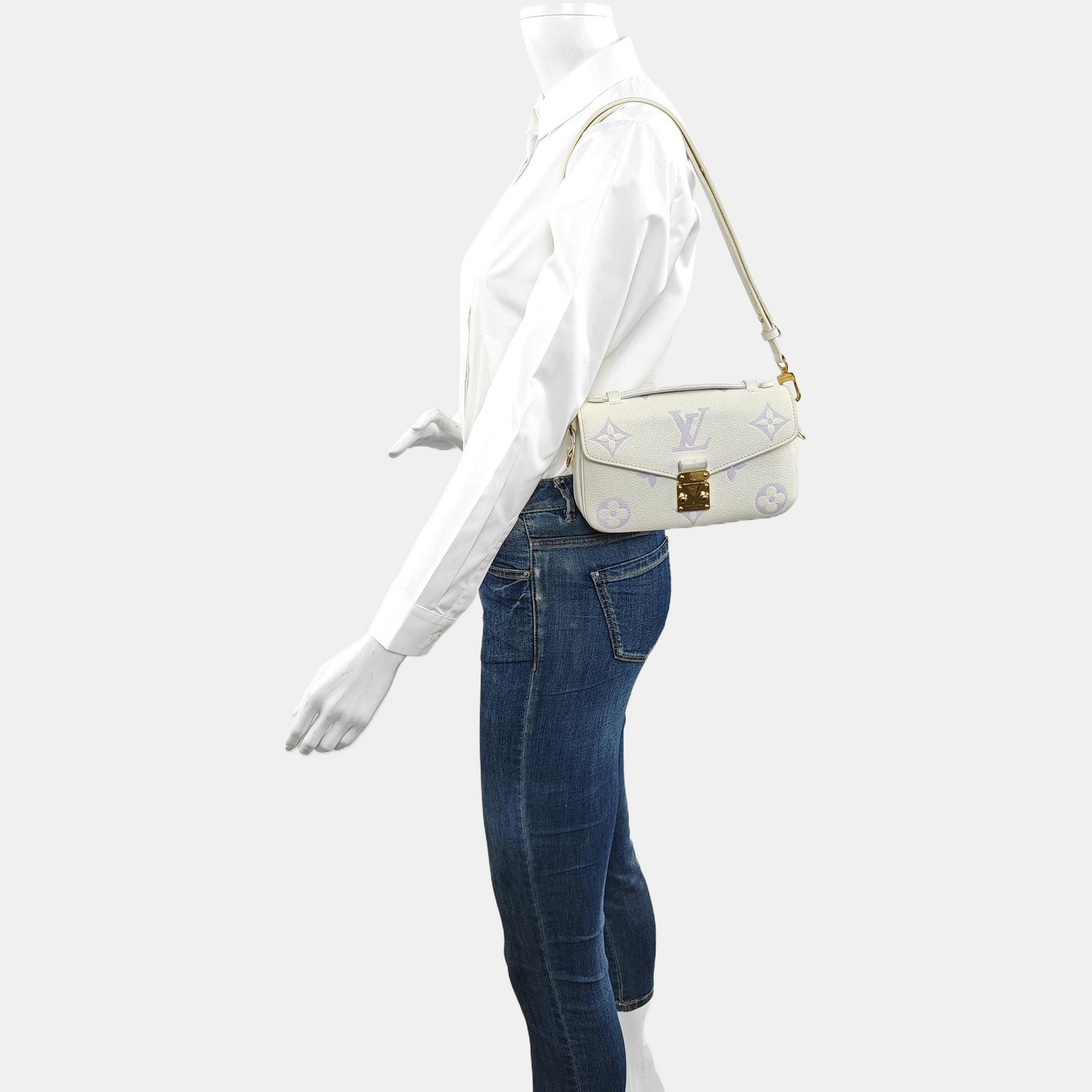 LOUIS VUITTON MÉTIS EAST WEST White Leather Monogram Embossed Messenger Bag Crossbody Tote Bag Shoulder Bag Golden Hardware Removable Shoulder Strap-(SKU)-963714224