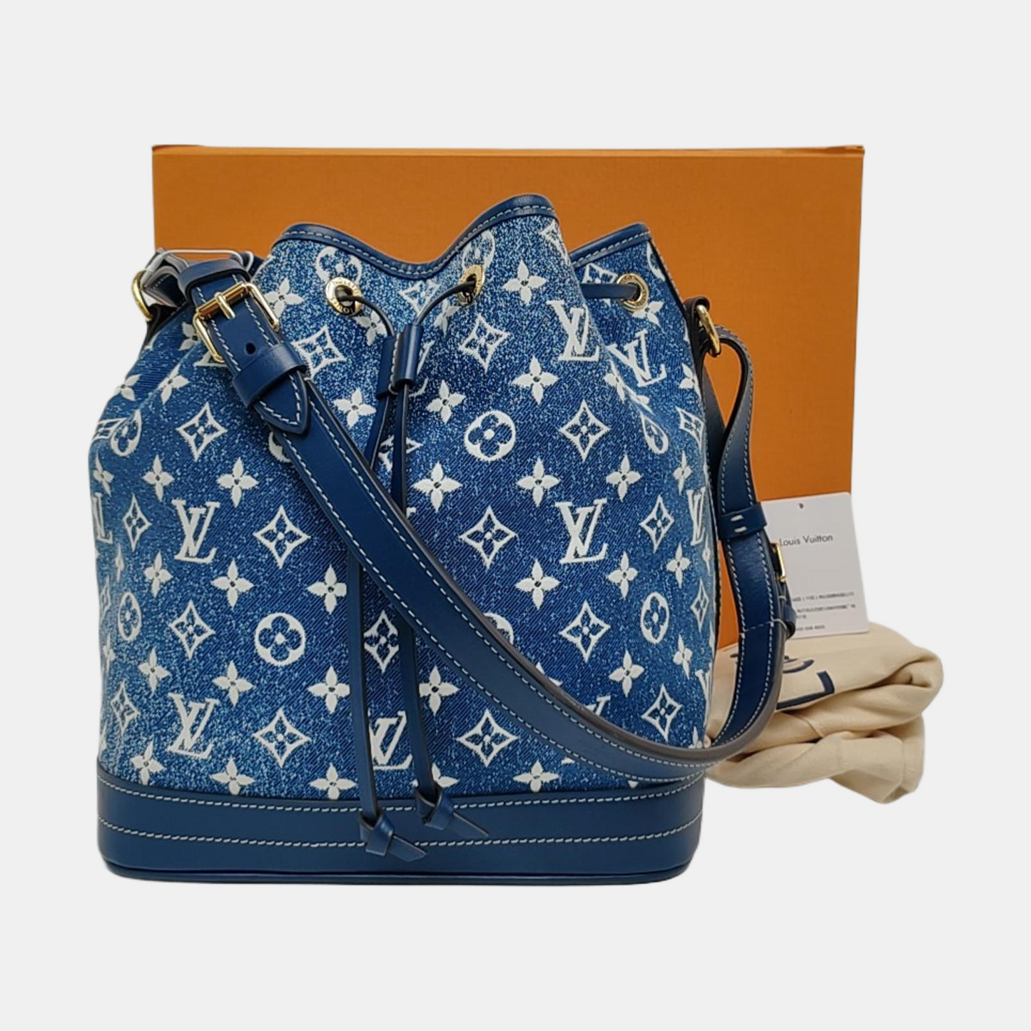 LOUIS VUITTON NOÉ Large Blue Denim Monogram Bucket Bag Crossbody Shoulder Bag Gold Hardware Removable Shoulder Strap Full Accessories-(SKU)-969550979