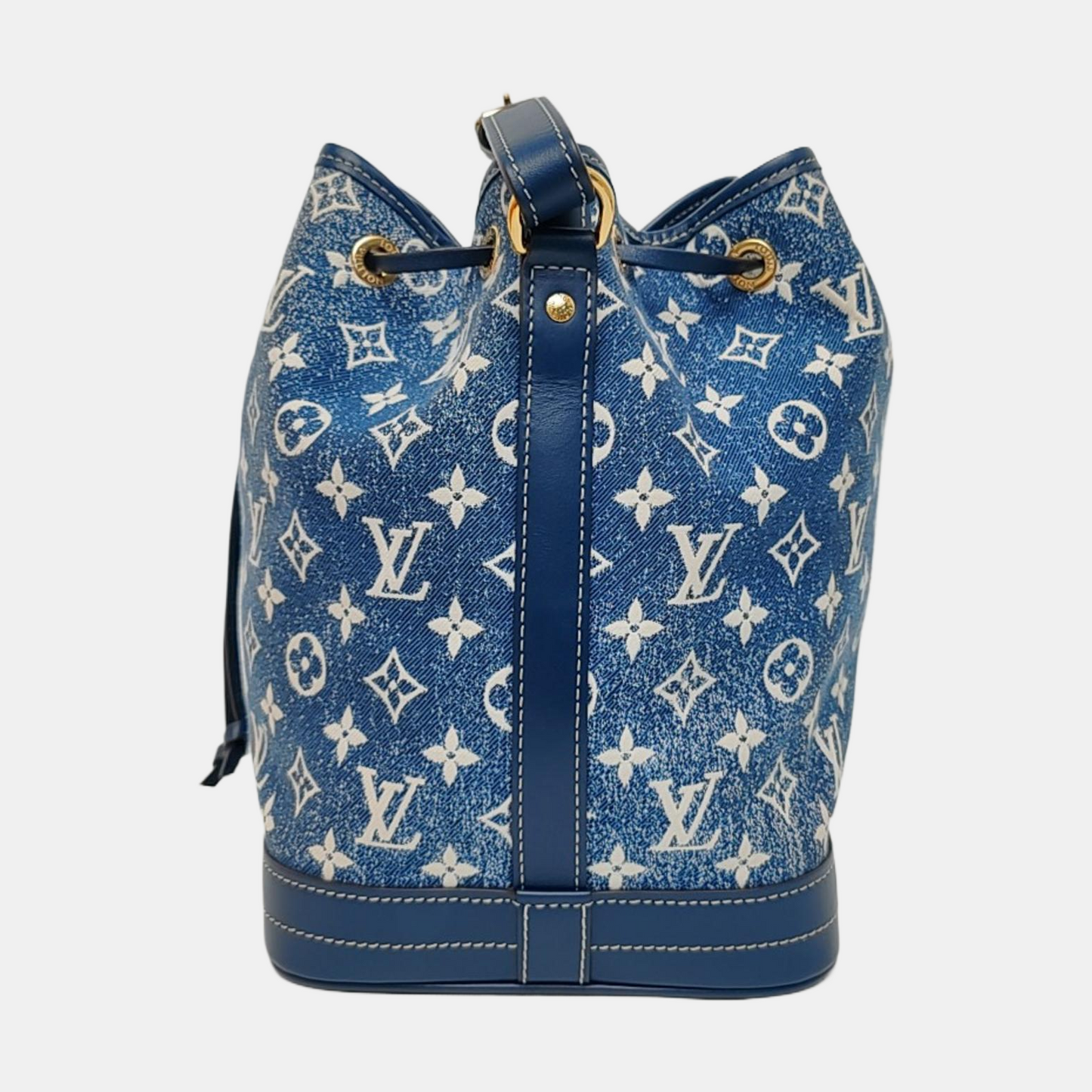 LOUIS VUITTON NOÉ Large Blue Denim Monogram Bucket Bag Crossbody Shoulder Bag Gold Hardware Removable Shoulder Strap Full Accessories-(SKU)-969550979