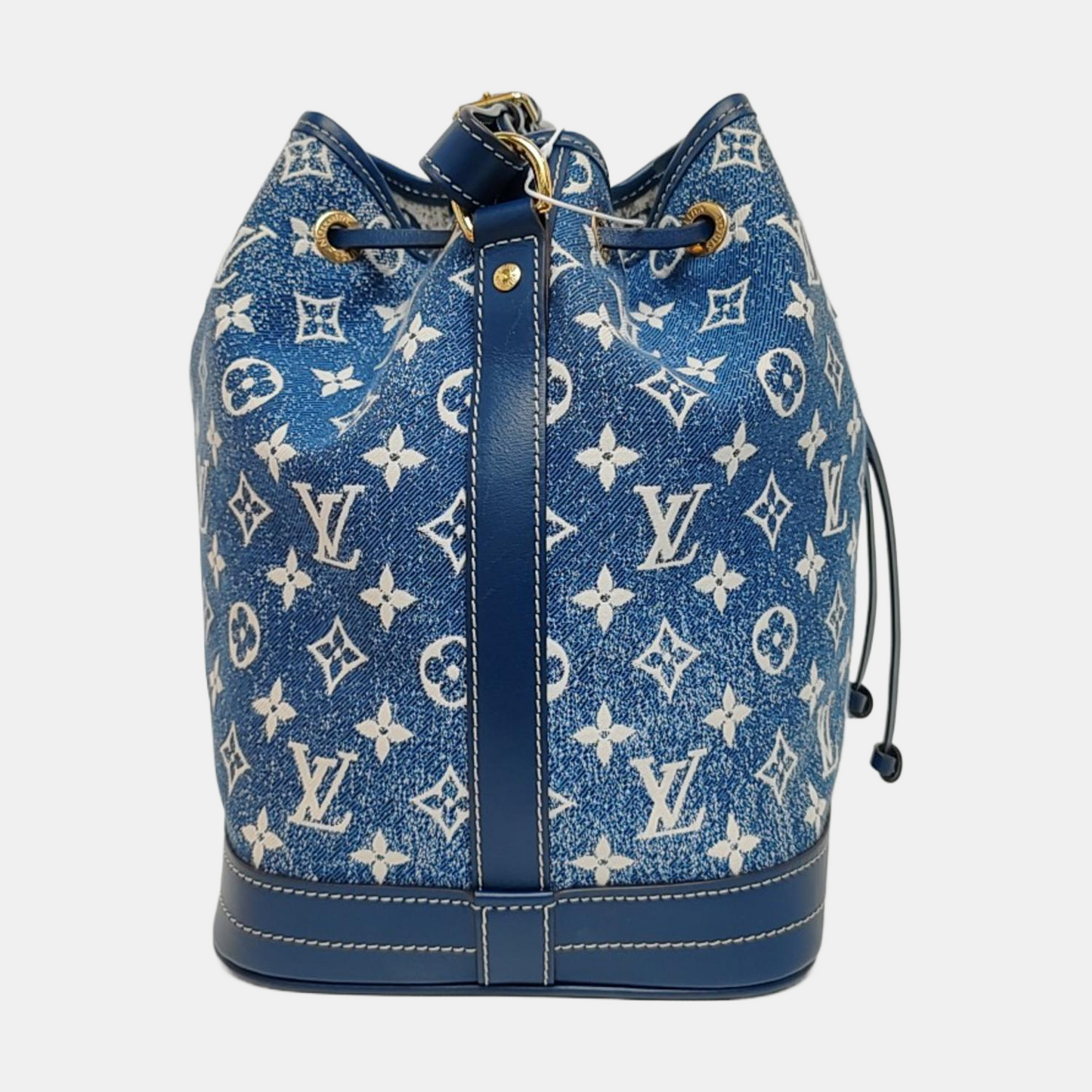 LOUIS VUITTON NOÉ Large Blue Denim Monogram Bucket Bag Crossbody Shoulder Bag Gold Hardware Removable Shoulder Strap Full Accessories-(SKU)-969550979