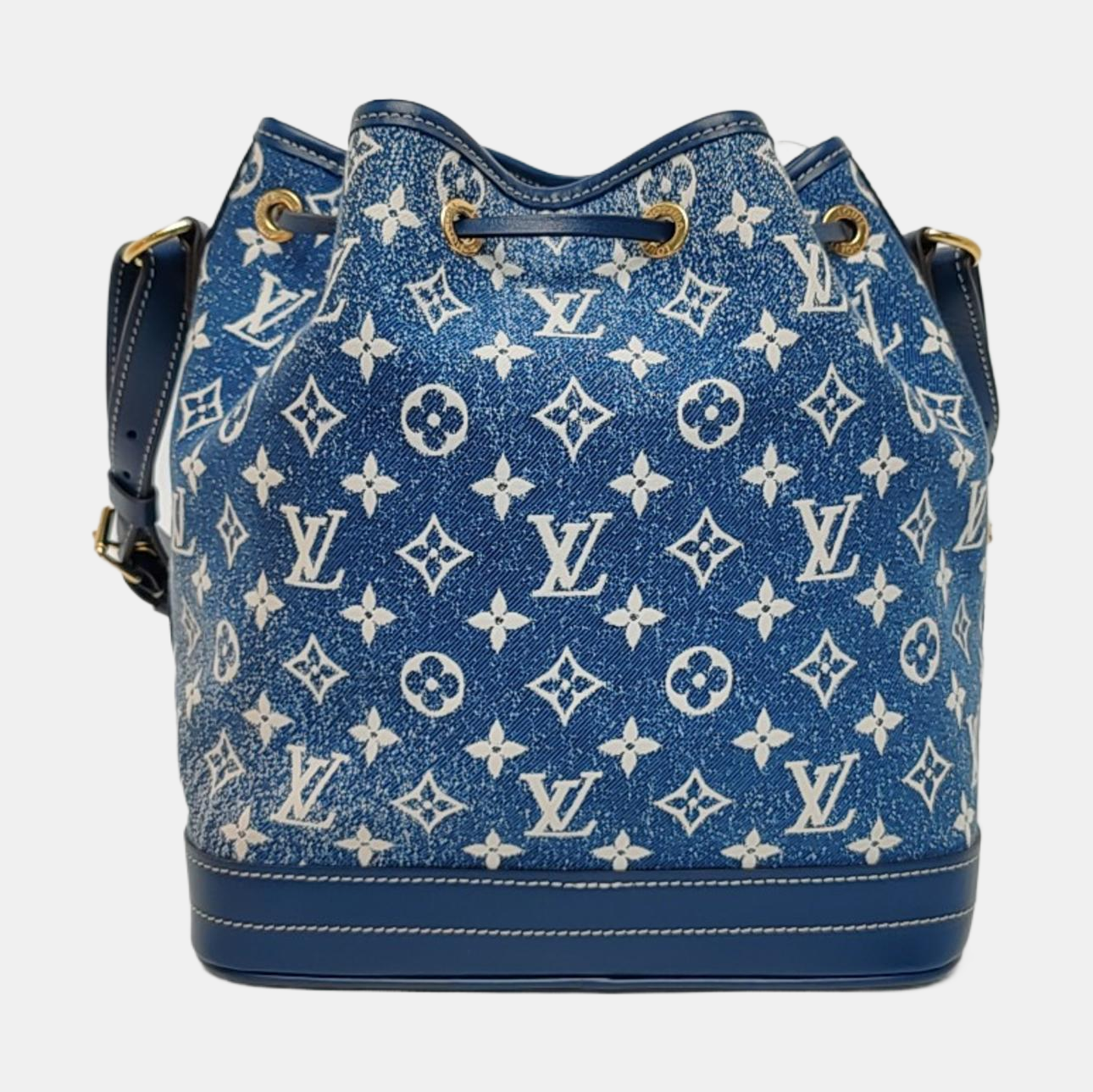 LOUIS VUITTON NOÉ Large Blue Denim Monogram Bucket Bag Crossbody Shoulder Bag Gold Hardware Removable Shoulder Strap Full Accessories-(SKU)-969550979