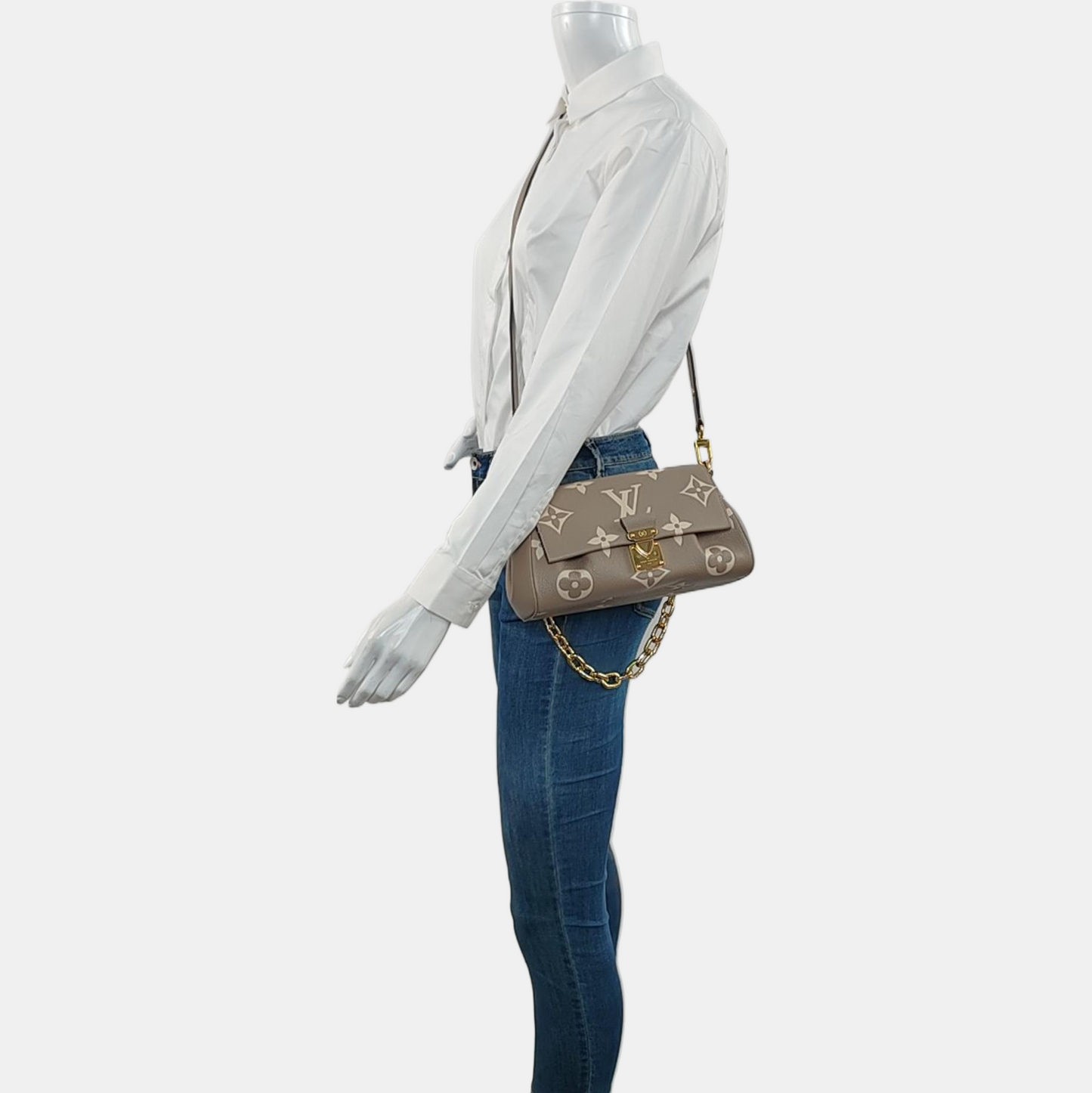 LOUIS VUITTON FAVORITE Gray Cowhide Embossed Shoulder Bag Crossbody 2 Removable Straps Golden Hardware-(SKU)-969275114
