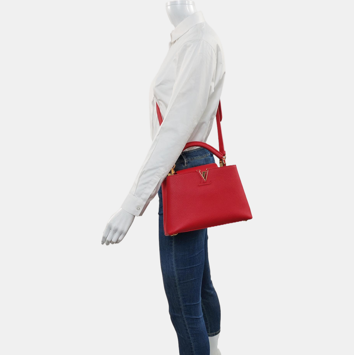 LOUIS VUITTON CAPUCINES BB Red Calfskin Single Shoulder Bag Handbag Crossbody Bag Gold Hardware Removable Shoulder Strap-(SKU)-969386488
