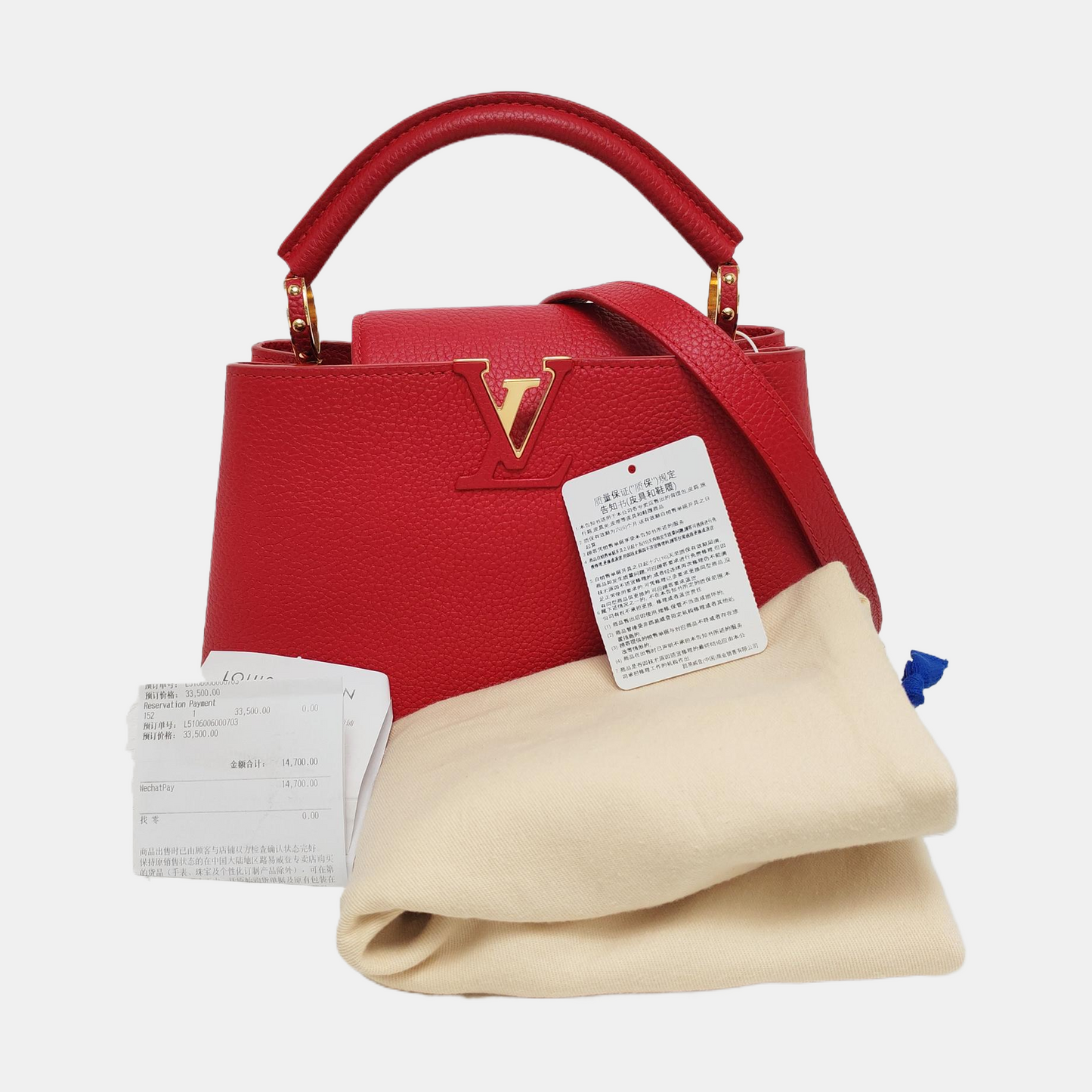 LOUIS VUITTON CAPUCINES BB Red Calfskin Single Shoulder Bag Handbag Crossbody Bag Gold Hardware Removable Shoulder Strap-(SKU)-969386488