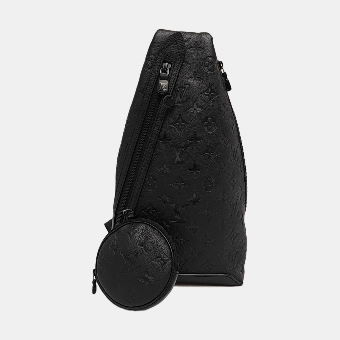 LOUIS VUITTON DUO Black Calfskin Monogram Embossed Crossbody Shoulder Bag with Black Hardware, Pouch-(SKU)-969654004