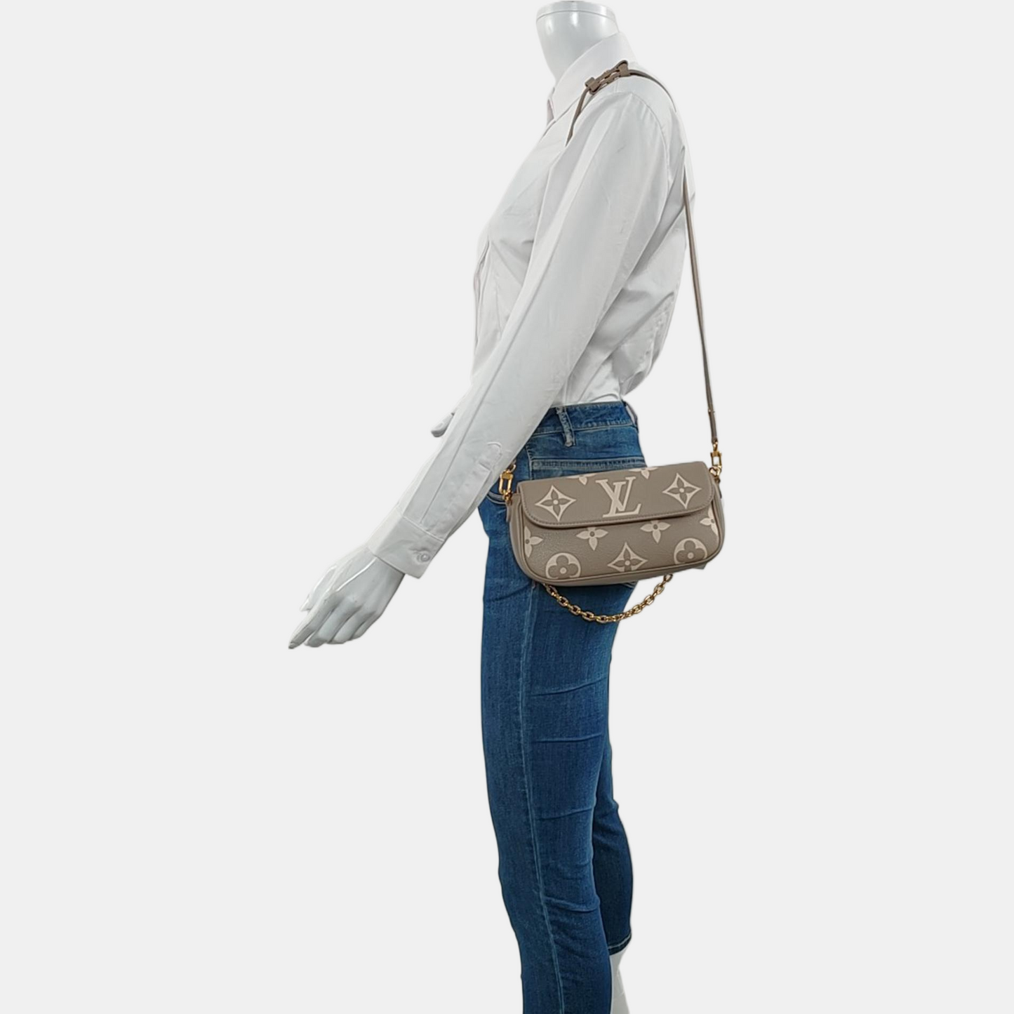 LOUIS VUITTON IVY Gray Calfskin Monogram Crossbody Shoulder Bag Tote Bag Gold Hardware 2 Removable Shoulder Straps-(SKU)-969517400