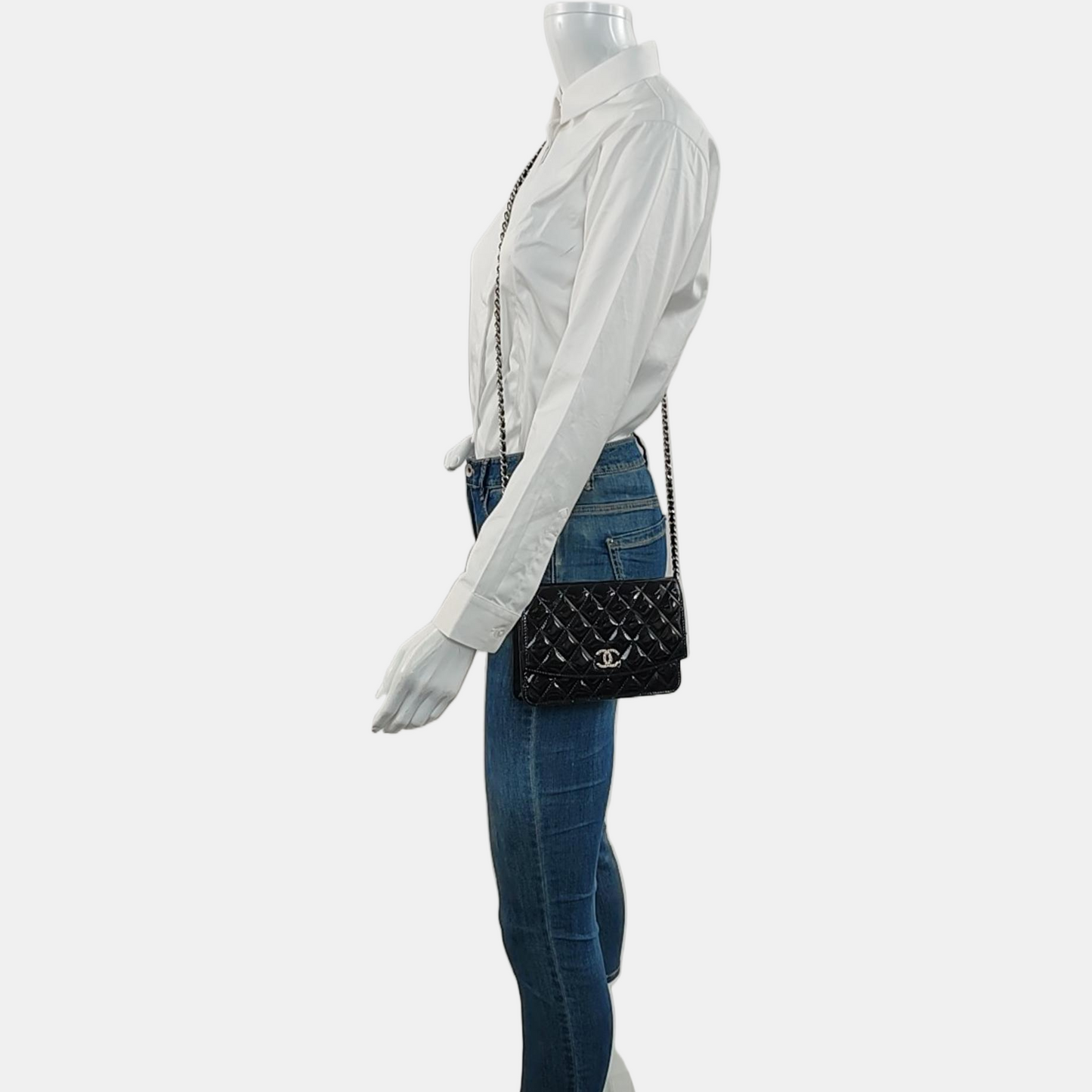 CHANEL WOC Black Patent Leather Quilted Crossbody and Single Shoulder Bag with Silver Hardware, 18 Clasps-(SKU)-969632821