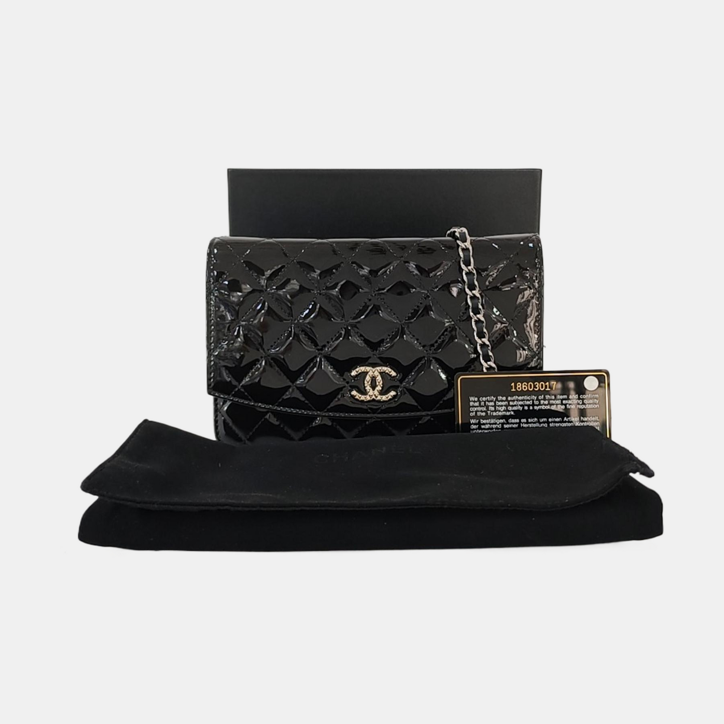 CHANEL WOC Black Patent Leather Quilted Crossbody and Single Shoulder Bag with Silver Hardware, 18 Clasps-(SKU)-969632821