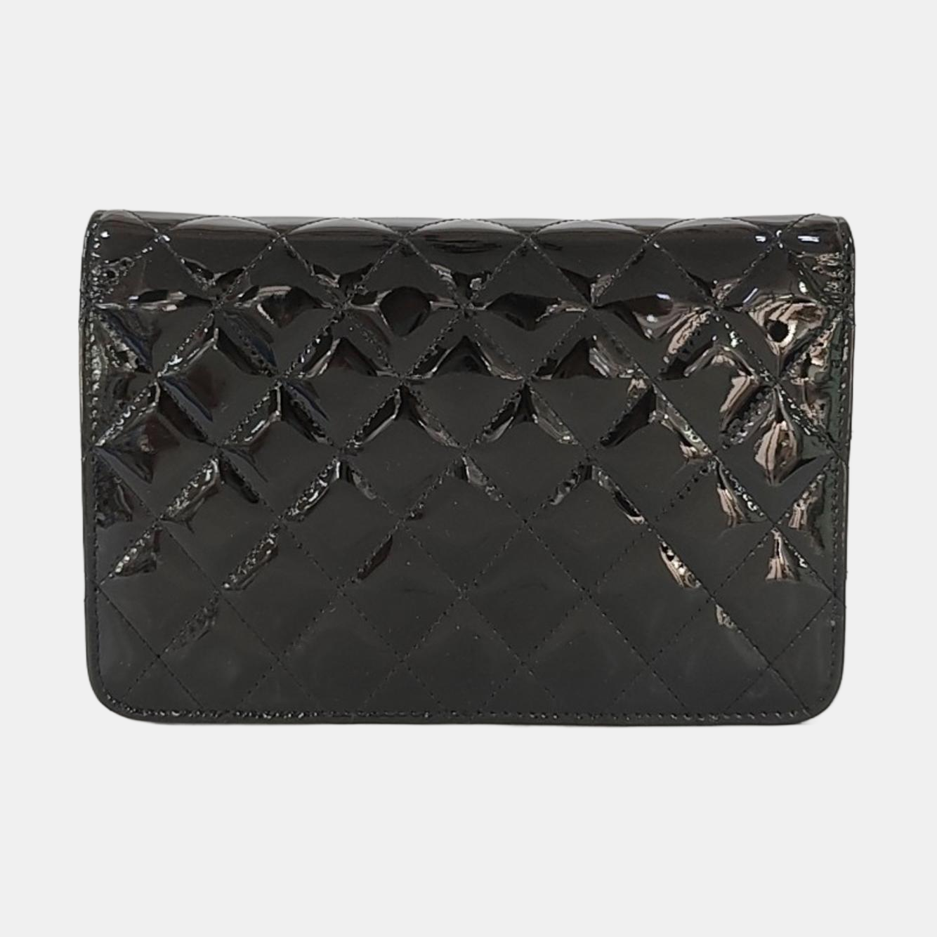 CHANEL WOC Black Patent Leather Quilted Crossbody and Single Shoulder Bag with Silver Hardware, 18 Clasps-(SKU)-969632821