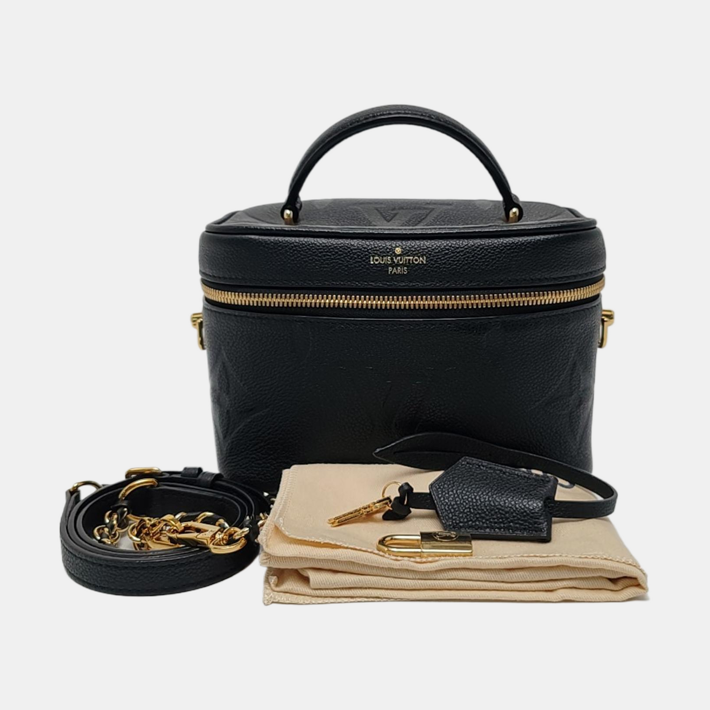 LOUIS VUITTON NICE Small Black Leather Vintage Embossed Shoulder Bag Tote Bag Crossbody Bag Gold Hardware Removable Strap-(SKU)-970099706