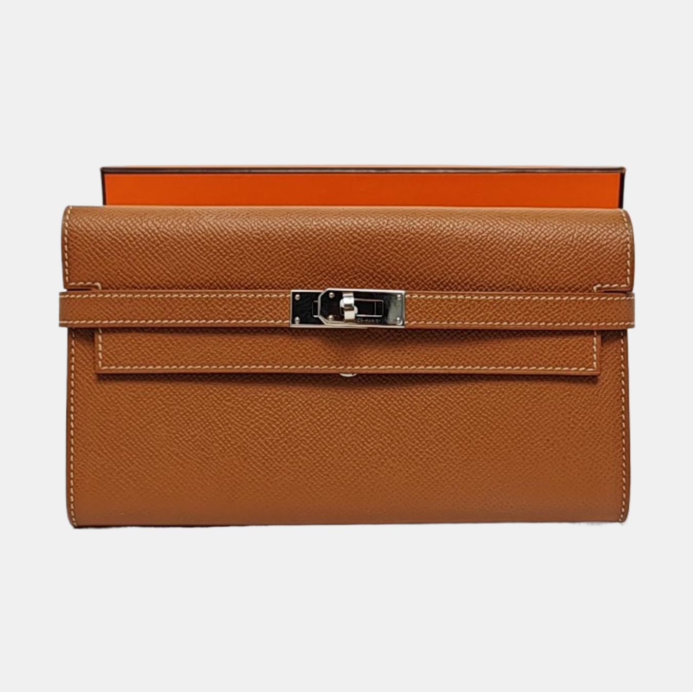 HERMÈS Kelly Gold Brown Epsom Calfskin Wallet with Silver Hardware D-(SKU)-969641631