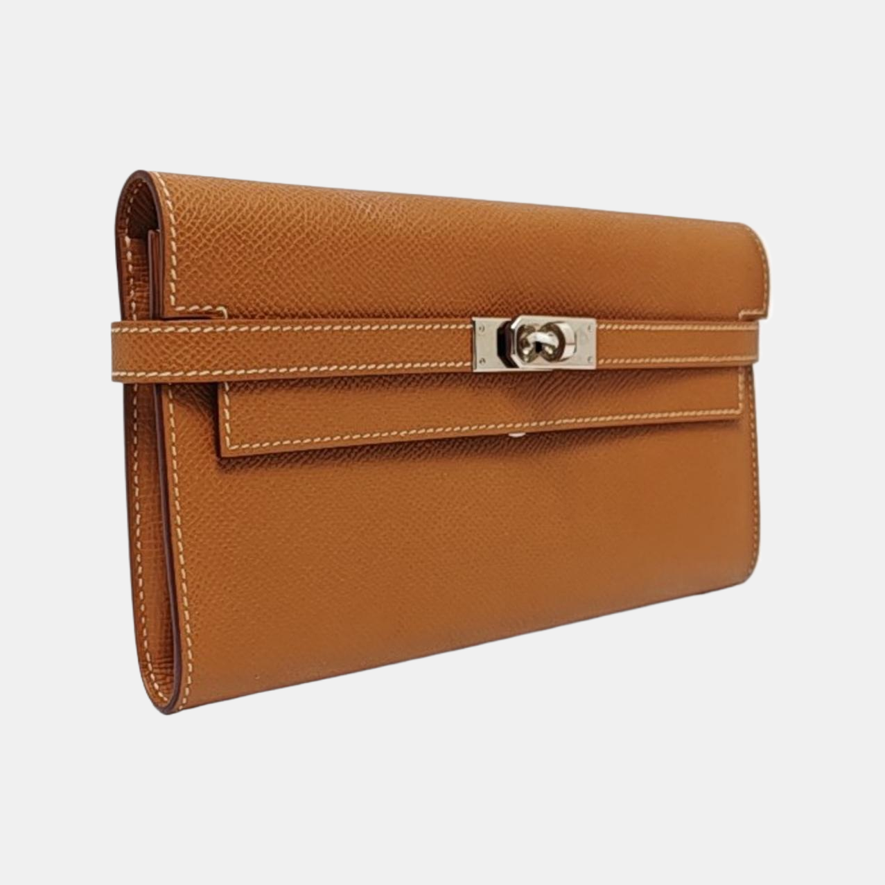 HERMÈS Kelly Gold Brown Epsom Calfskin Wallet with Silver Hardware D-(SKU)-969641631