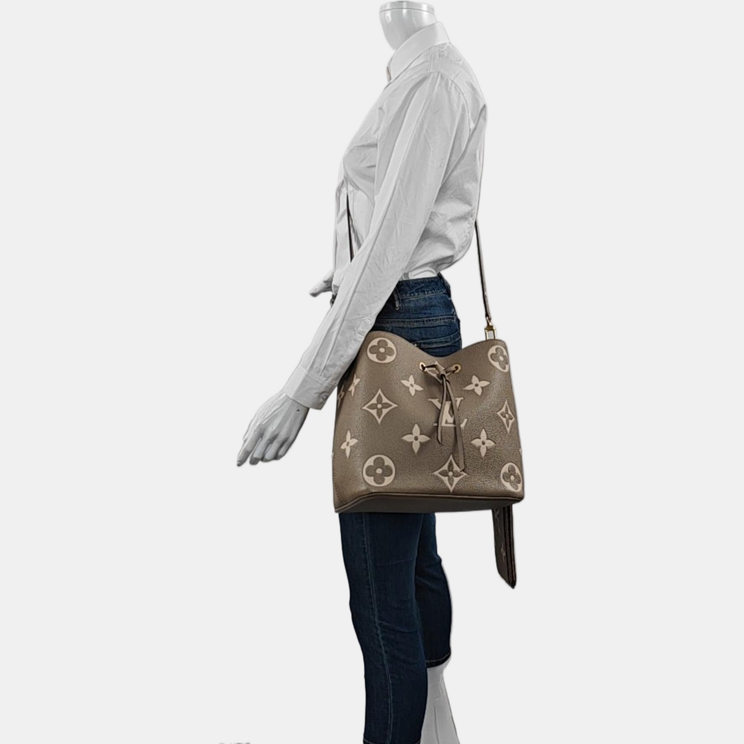 LOUIS VUITTON NÉONOÉ Medium Grey Calfskin Monogram Embossed Bucket Bag Shoulder Bag Tote Bag Crossbody Bag Gold Hardware 2 Removable Straps Pockets Included-(SKU)-969940644