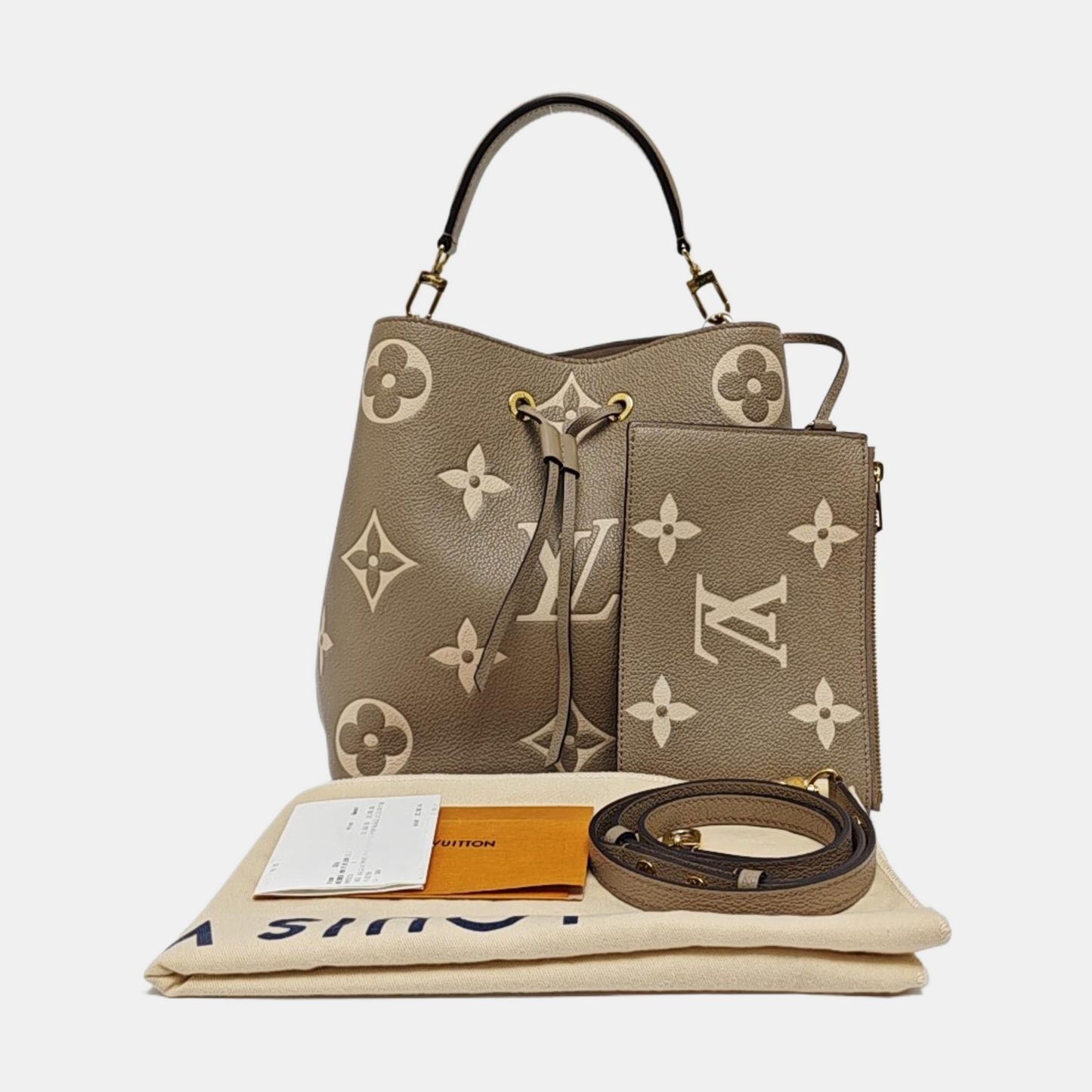 LOUIS VUITTON NÉONOÉ Medium Grey Calfskin Monogram Embossed Bucket Bag Shoulder Bag Tote Bag Crossbody Bag Gold Hardware 2 Removable Straps Pockets Included-(SKU)-969940644