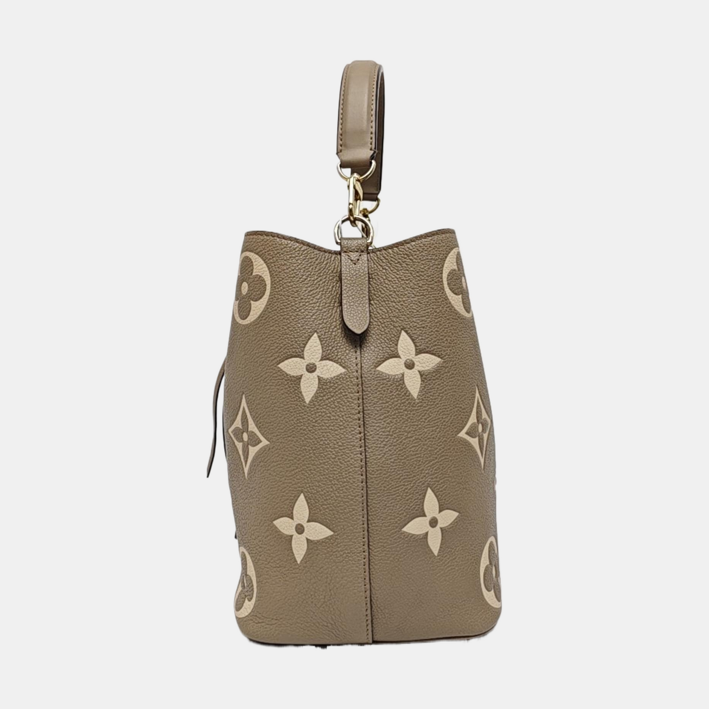 LOUIS VUITTON NÉONOÉ Medium Grey Calfskin Monogram Embossed Bucket Bag Shoulder Bag Tote Bag Crossbody Bag Gold Hardware 2 Removable Straps Pockets Included-(SKU)-969940644