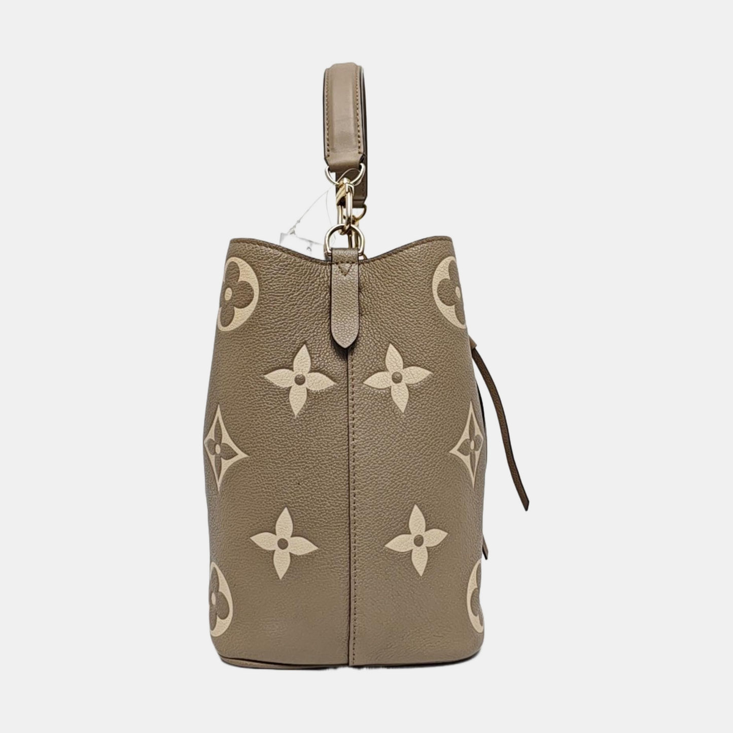 LOUIS VUITTON NÉONOÉ Medium Grey Calfskin Monogram Embossed Bucket Bag Shoulder Bag Tote Bag Crossbody Bag Gold Hardware 2 Removable Straps Pockets Included-(SKU)-969940644