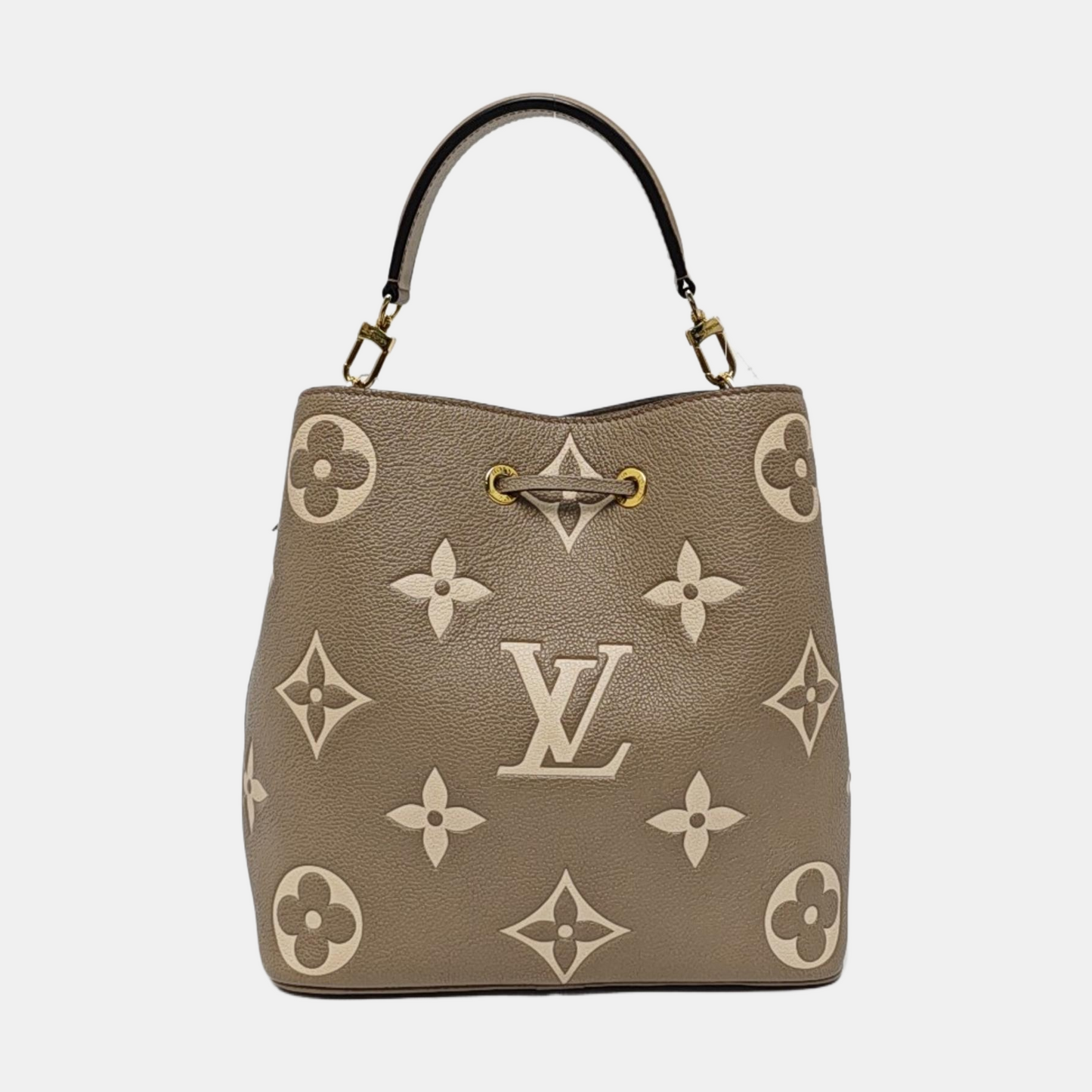 LOUIS VUITTON NÉONOÉ Medium Grey Calfskin Monogram Embossed Bucket Bag Shoulder Bag Tote Bag Crossbody Bag Gold Hardware 2 Removable Straps Pockets Included-(SKU)-969940644