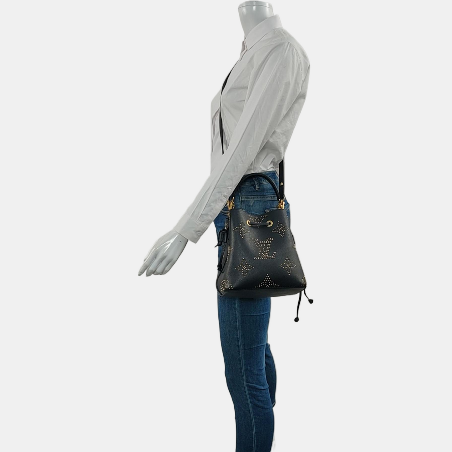 LOUIS VUITTON NÉONOÉ BB Black Leather Studs Shoulder Bag Tote Bag Crossbody Golden Hardware 2 Removable Shoulder Straps-(SKU)-969966256
