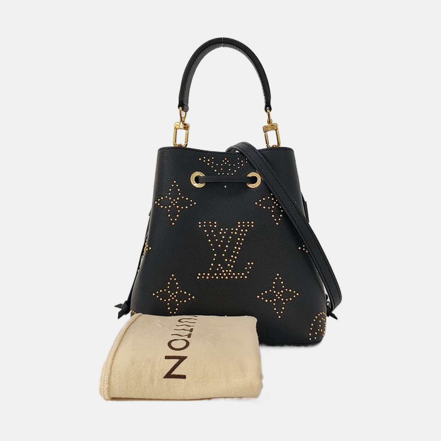 LOUIS VUITTON NÉONOÉ BB Black Leather Studs Shoulder Bag Tote Bag Crossbody Golden Hardware 2 Removable Shoulder Straps-(SKU)-969966256