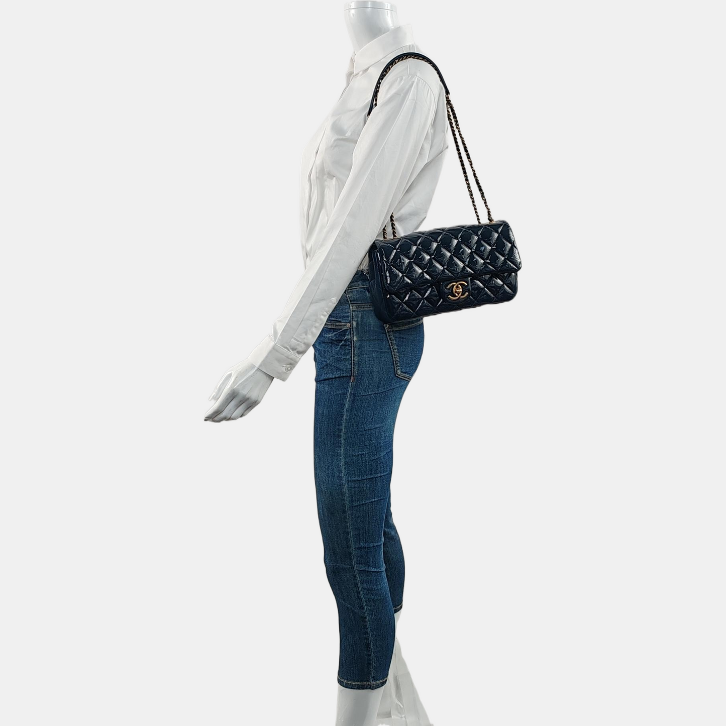 CHANEL CLASSIC FLAP Deep Blue Patent Leather Quilted Crossbody Shoulder Bag with Golden Hardware, 21K-(SKU)-969955803