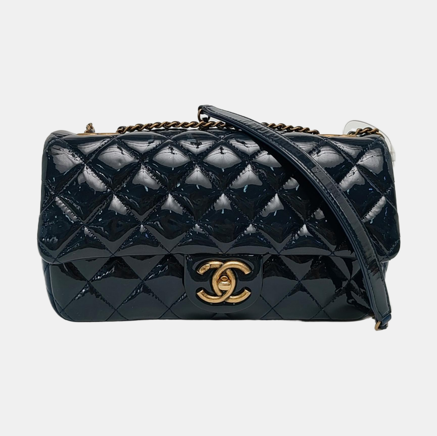 CHANEL CLASSIC FLAP Deep Blue Patent Leather Quilted Crossbody Shoulder Bag with Golden Hardware, 21K-(SKU)-969955803