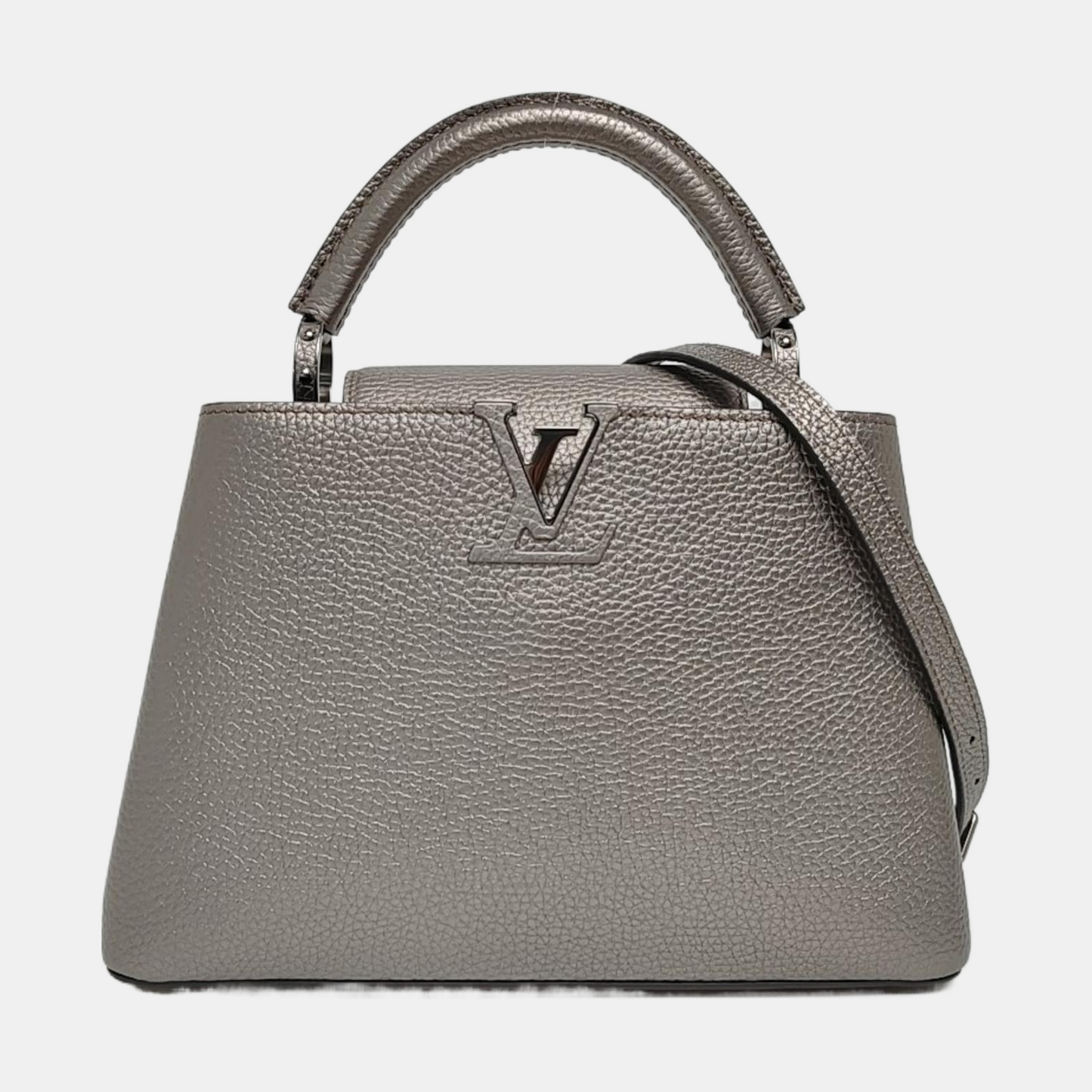 LOUIS VUITTON CAPUCINES Small Size Silver Calfskin Capucines Single Shoulder Bag with Silver Hardware Removable Shoulder Strap-(SKU)-969826405