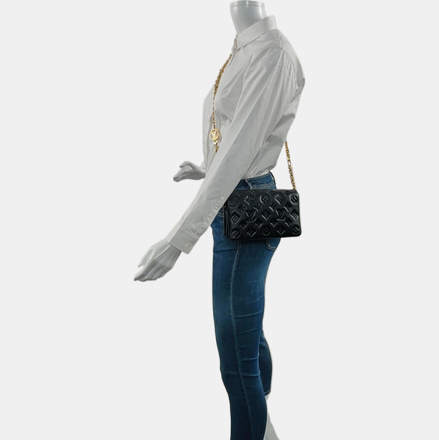 LOUIS VUITTON COUSSIN Black Lamb Skin Vintage Embossed Crossbody Shoulder Bag Tote Bag Gold Hardware Removable Strap-(SKU)-970025673