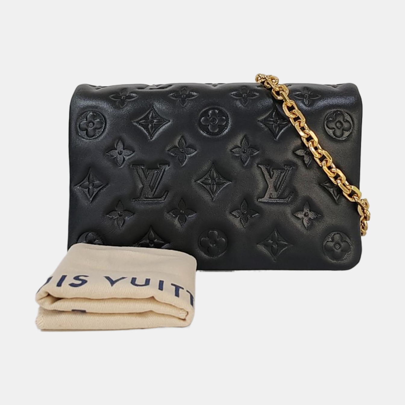 LOUIS VUITTON COUSSIN Black Lamb Skin Vintage Embossed Crossbody Shoulder Bag Tote Bag Gold Hardware Removable Strap-(SKU)-970025673