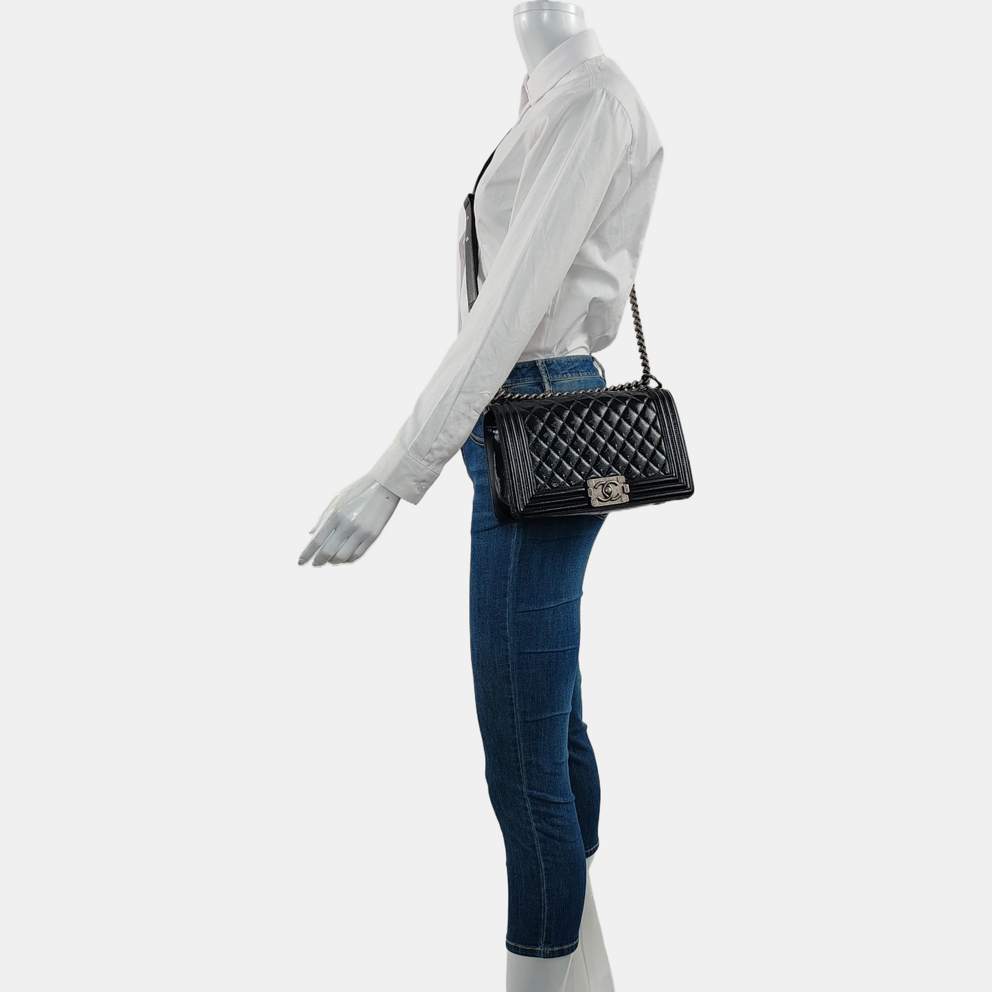CHANEL BOY CHANEL Medium Size Black Patent Calfskin Monogram Shoulder Bag, Crossbody with Detachable Strap, Ruthenium-Colored Hardware, 19 Clasps-(SKU)-969782538