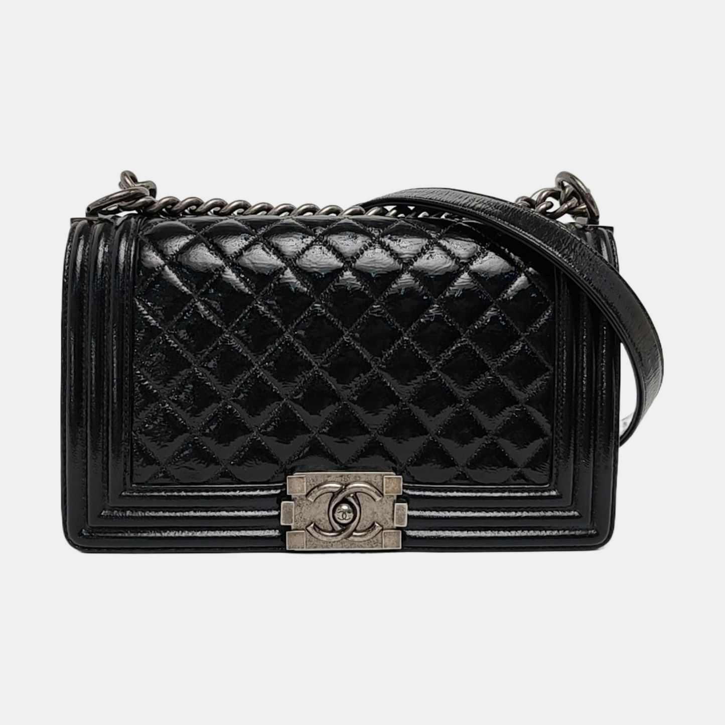 CHANEL BOY CHANEL Medium Size Black Patent Calfskin Monogram Shoulder Bag, Crossbody with Detachable Strap, Ruthenium-Colored Hardware, 19 Clasps-(SKU)-969782538