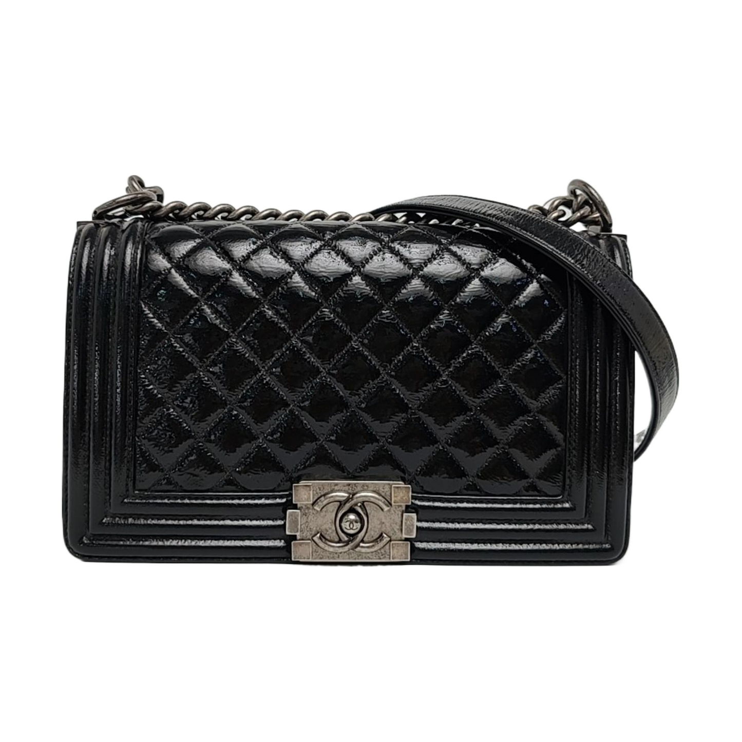 CHANEL BOY CHANEL Medium Size Black Patent Calfskin Monogram Shoulder Bag, Crossbody with Detachable Strap, Ruthenium-Colored Hardware, 19 Clasps-(SKU)-969782538