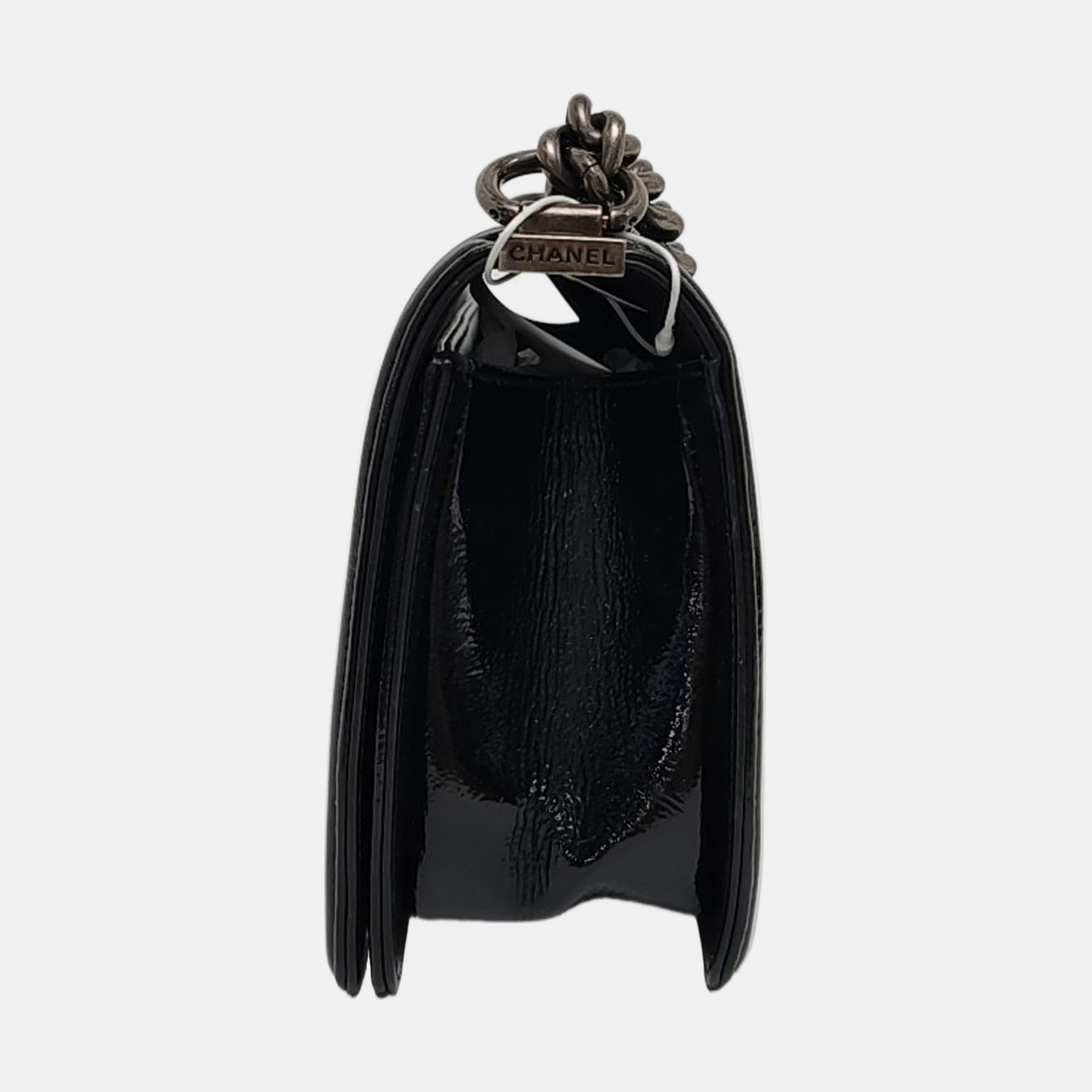 CHANEL BOY CHANEL Medium Size Black Patent Calfskin Monogram Shoulder Bag, Crossbody with Detachable Strap, Ruthenium-Colored Hardware, 19 Clasps-(SKU)-969782538