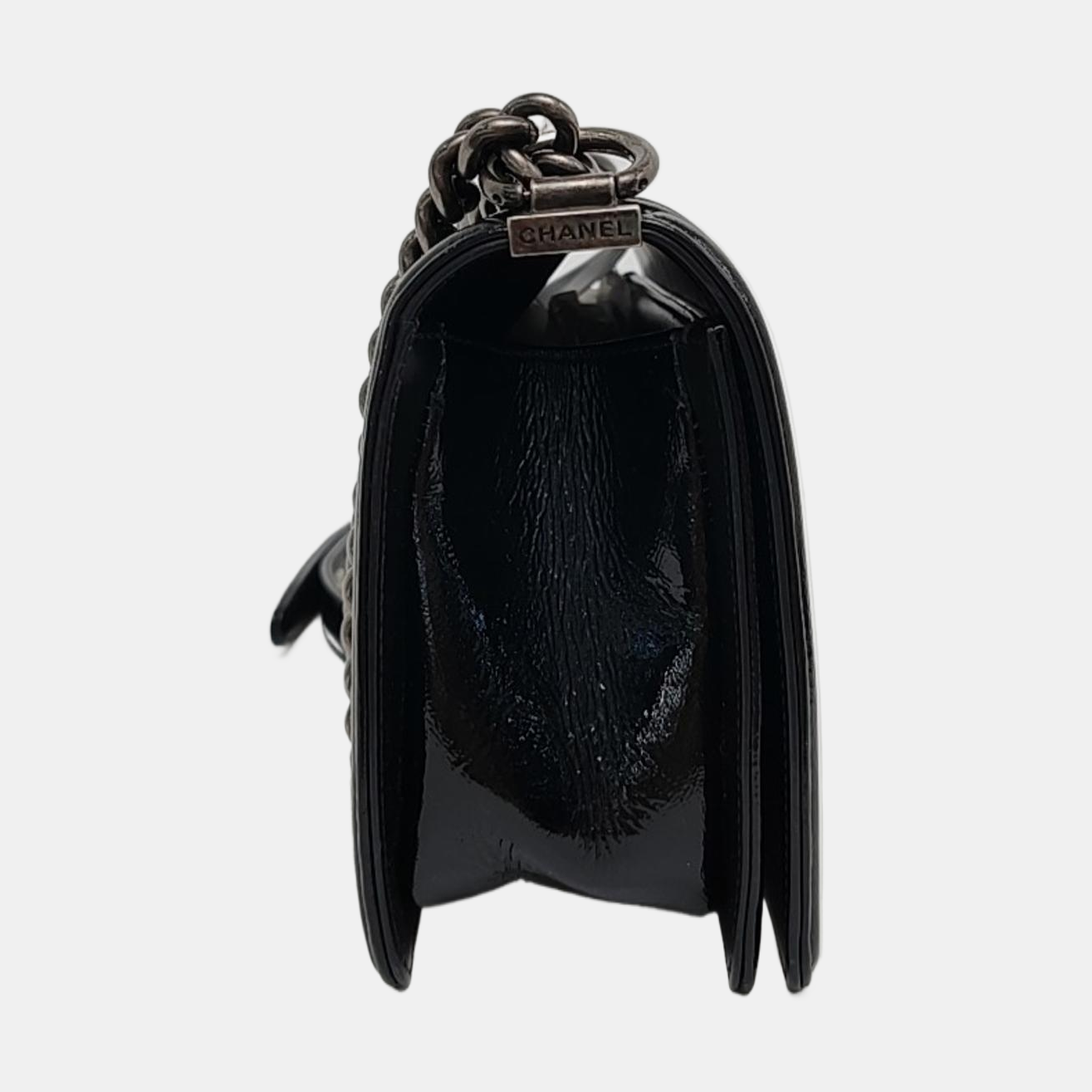 CHANEL BOY CHANEL Medium Size Black Patent Calfskin Monogram Shoulder Bag, Crossbody with Detachable Strap, Ruthenium-Colored Hardware, 19 Clasps-(SKU)-969782538
