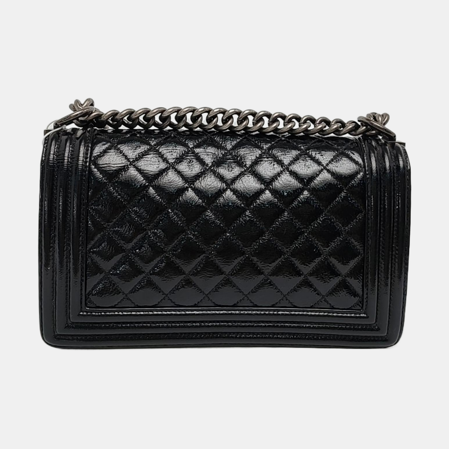 CHANEL BOY CHANEL Medium Size Black Patent Calfskin Monogram Shoulder Bag, Crossbody with Detachable Strap, Ruthenium-Colored Hardware, 19 Clasps-(SKU)-969782538