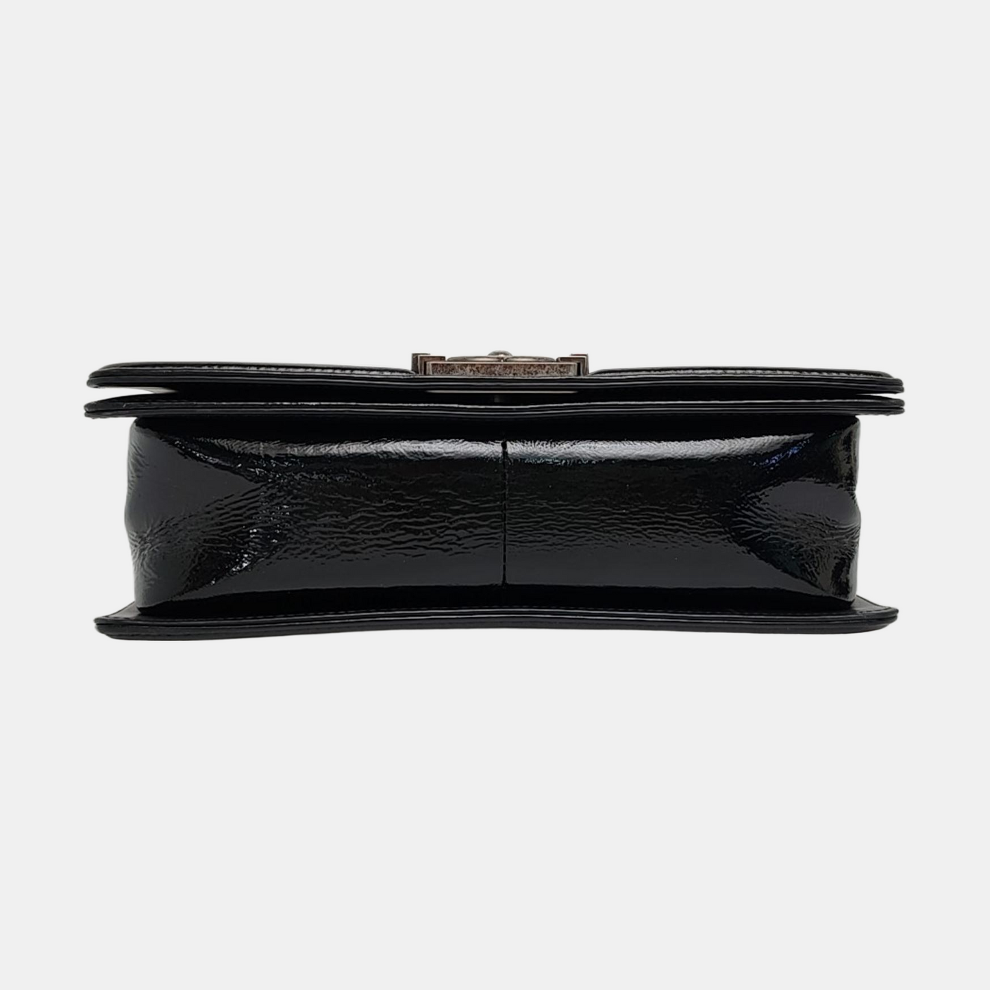CHANEL BOY CHANEL Medium Size Black Patent Calfskin Monogram Shoulder Bag, Crossbody with Detachable Strap, Ruthenium-Colored Hardware, 19 Clasps-(SKU)-969782538
