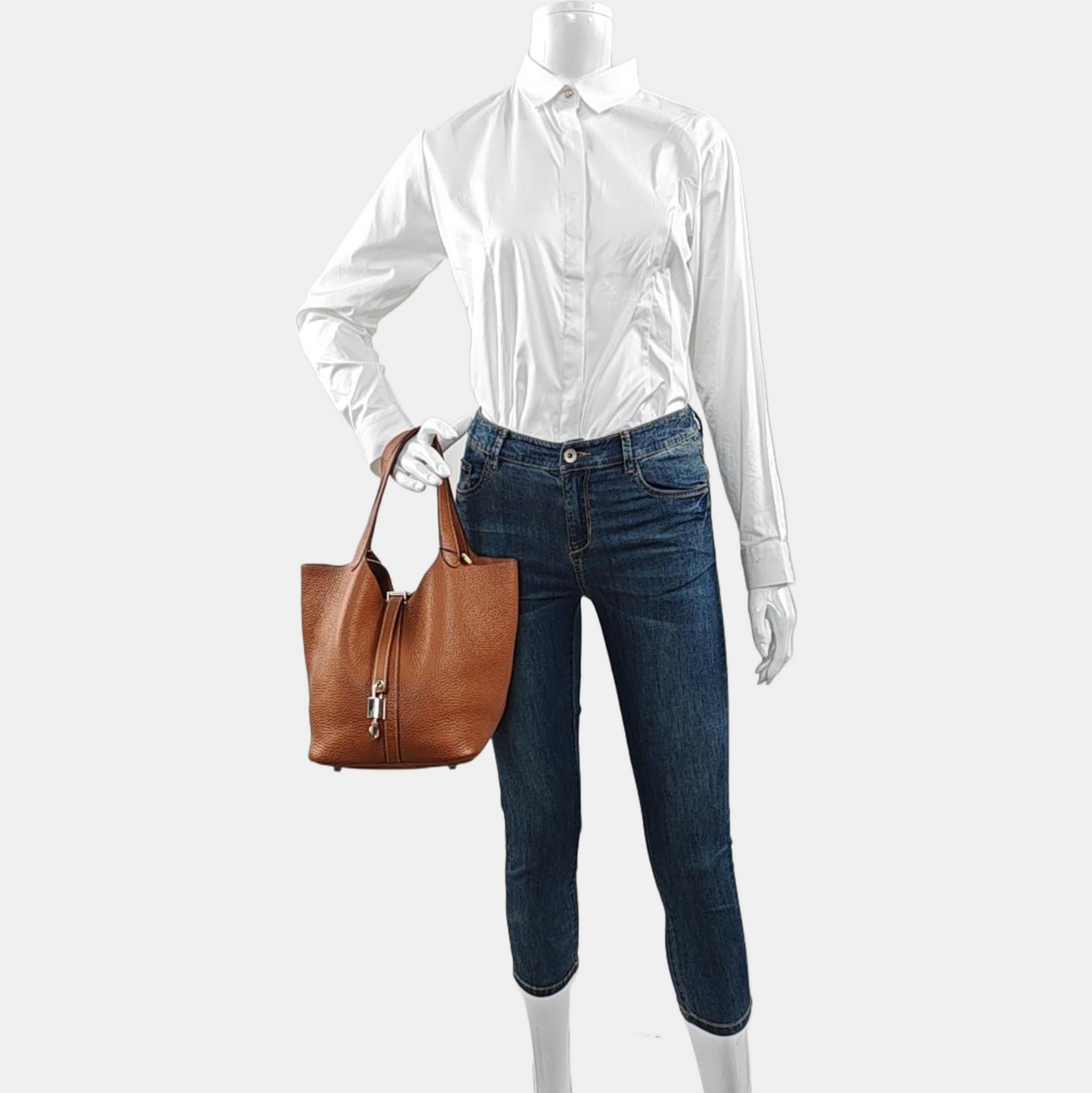 HERMÈS Picotin Lock 22 Cognac Brown Clemence Leather Market Basket Tote Bag with Silver Hardware X-(SKU)-969778968