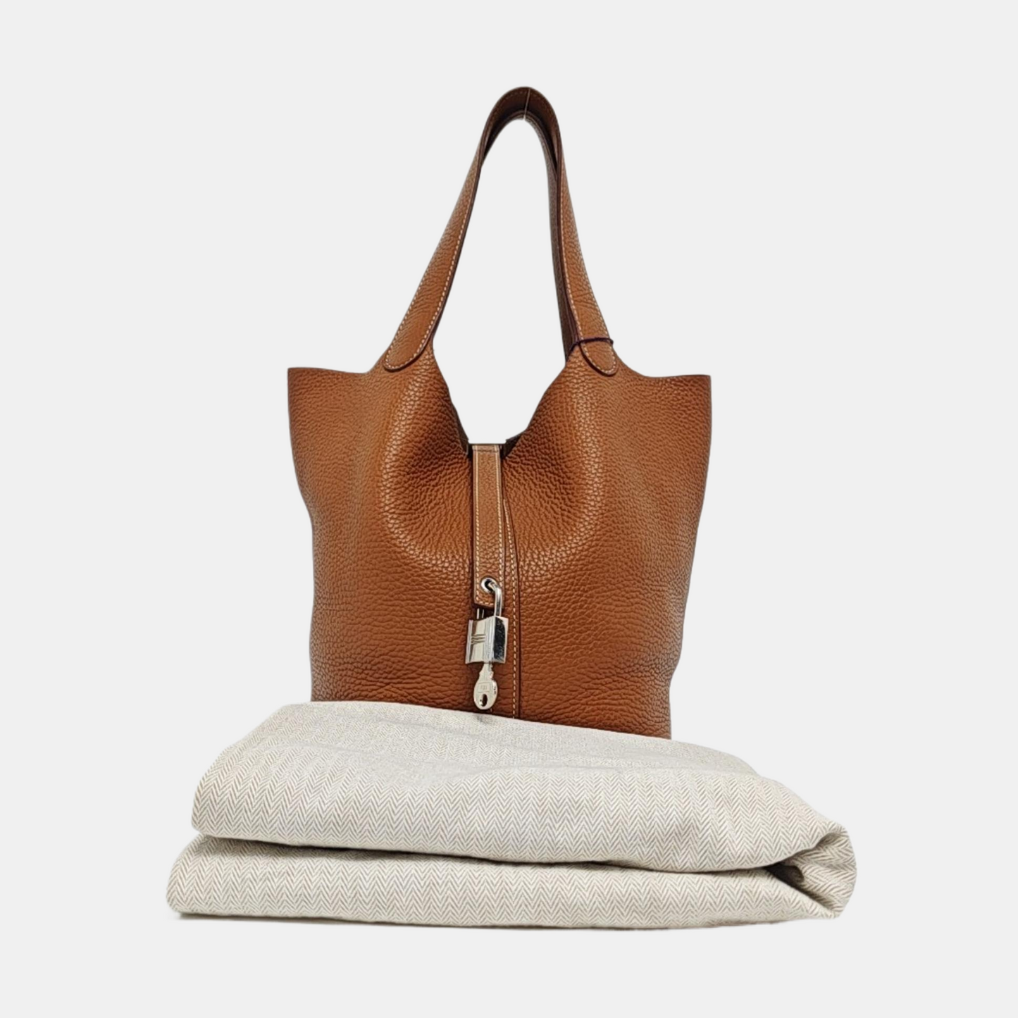 HERMÈS Picotin Lock 22 Cognac Brown Clemence Leather Market Basket Tote Bag with Silver Hardware X-(SKU)-969778968