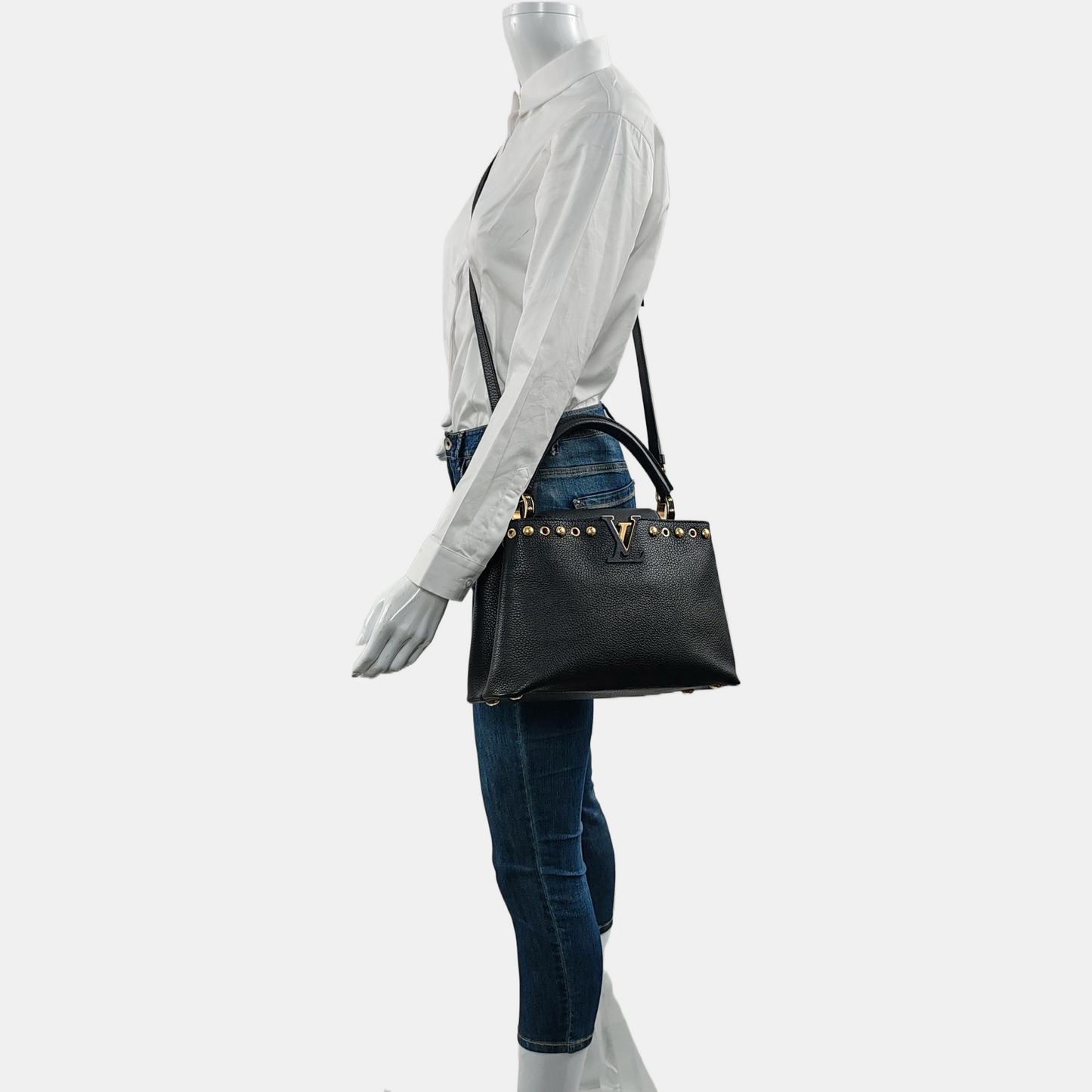 LOUIS VUITTON CAPUCINES Medium Black Calfskin Studs Shoulder Bag Tote Crossbody Bag Gold Hardware Removable Shoulder Strap-(SKU)-970294720
