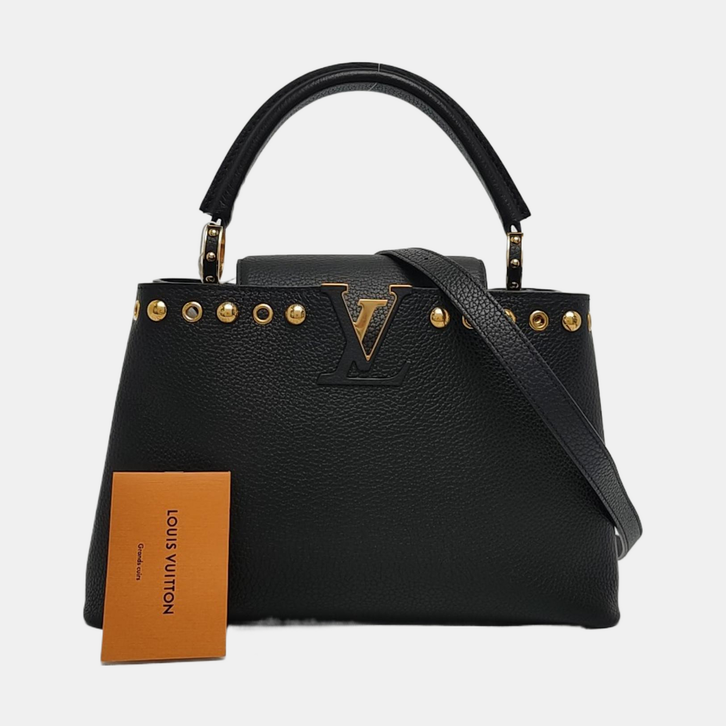 LOUIS VUITTON CAPUCINES Medium Black Calfskin Studs Shoulder Bag Tote Crossbody Bag Gold Hardware Removable Shoulder Strap-(SKU)-970294720