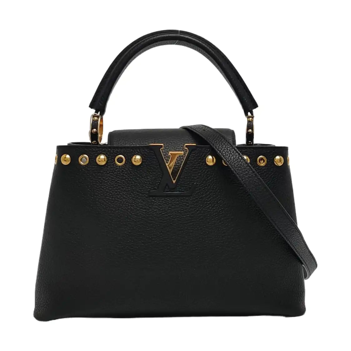 LOUIS VUITTON CAPUCINES Medium Black Calfskin Studs Shoulder Bag Tote Crossbody Bag Gold Hardware Removable Shoulder Strap-(SKU)-970294720