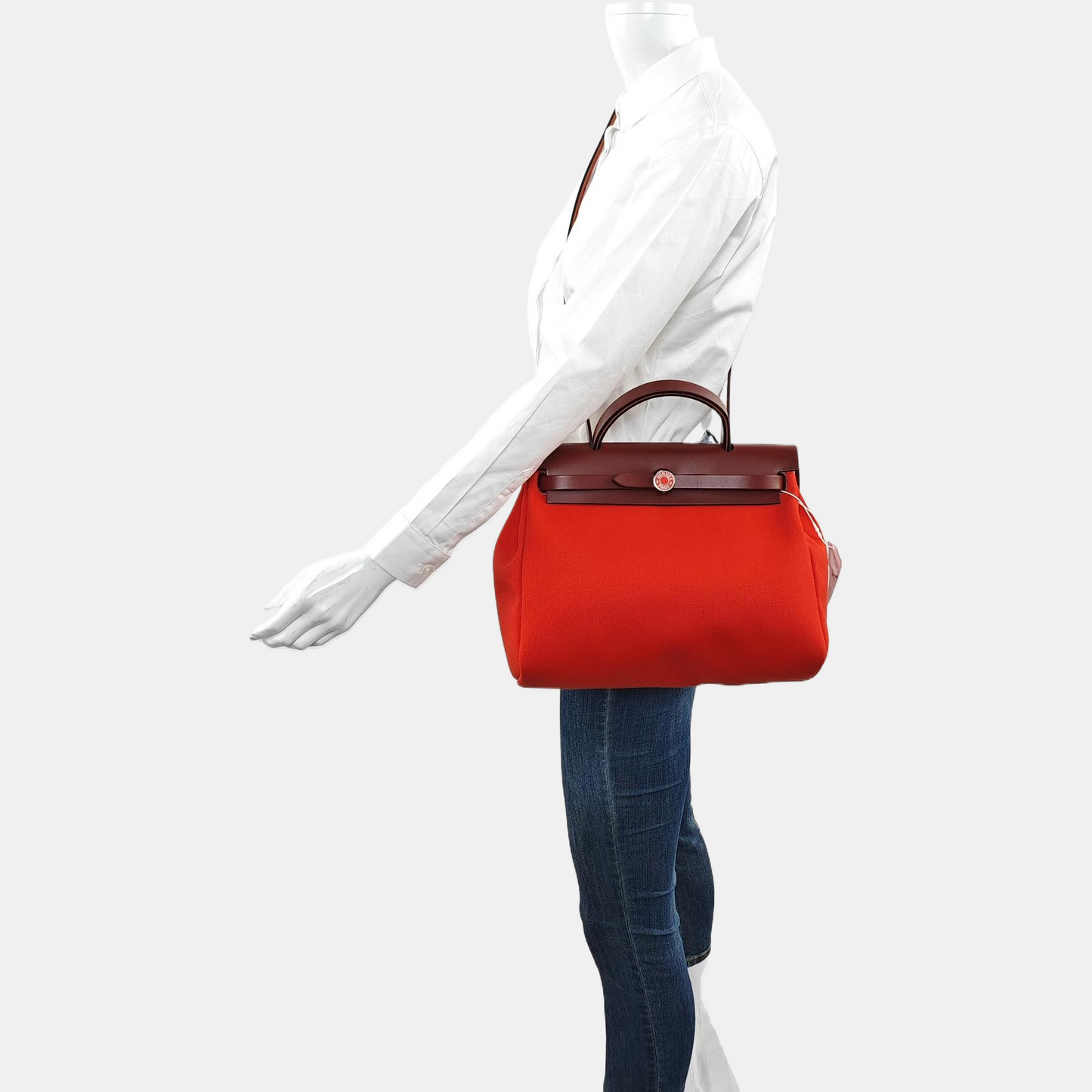 HERMÈS Herbag 31 Lotus Flower/Orange Red Canvas Single Shoulder Bag Handbag Silver Hardware Z Pockets Removable Strap-(SKU)-970002442