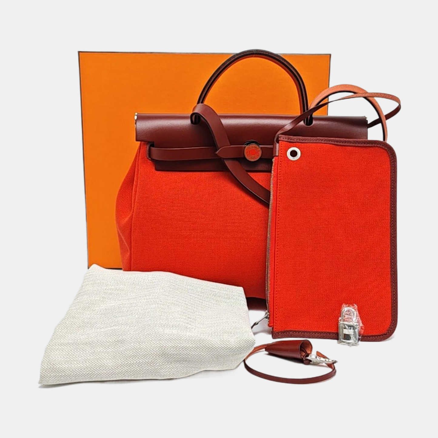 HERMÈS Herbag 31 Lotus Flower/Orange Red Canvas Single Shoulder Bag Handbag Silver Hardware Z Pockets Removable Strap-(SKU)-970002442
