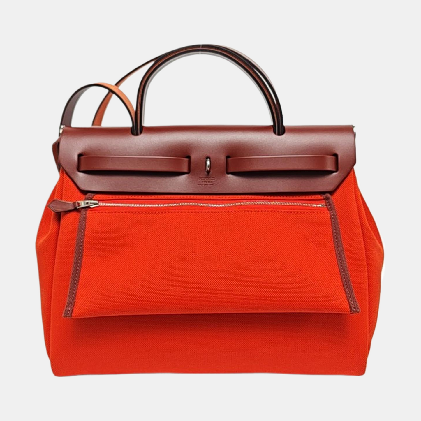 HERMÈS Herbag 31 Lotus Flower/Orange Red Canvas Single Shoulder Bag Handbag Silver Hardware Z Pockets Removable Strap-(SKU)-970002442