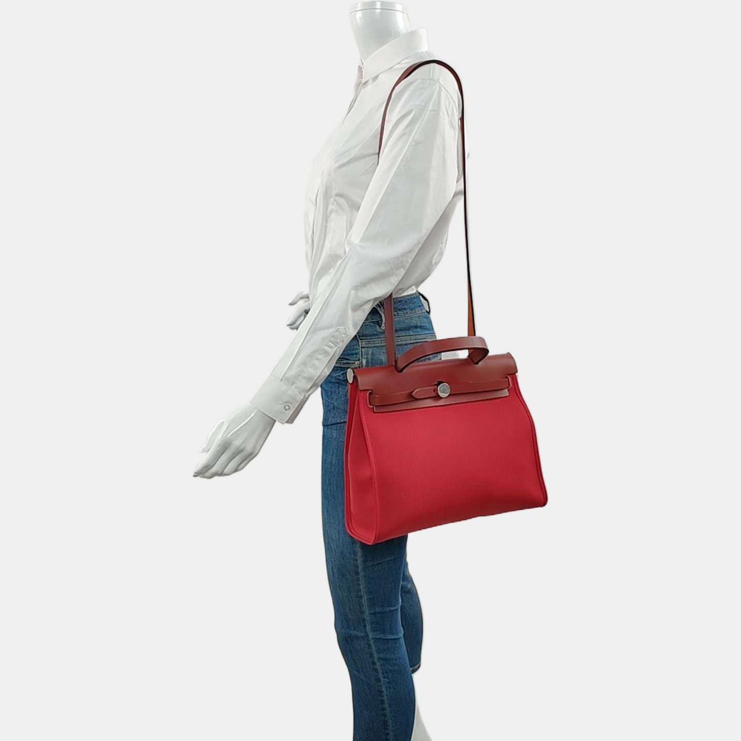 HERMÈS Herbag 31 Hermes Red Canvas Shoulder Bag Handbag Silver Hardware Y Engraving Removable Strap-(SKU)-970274118