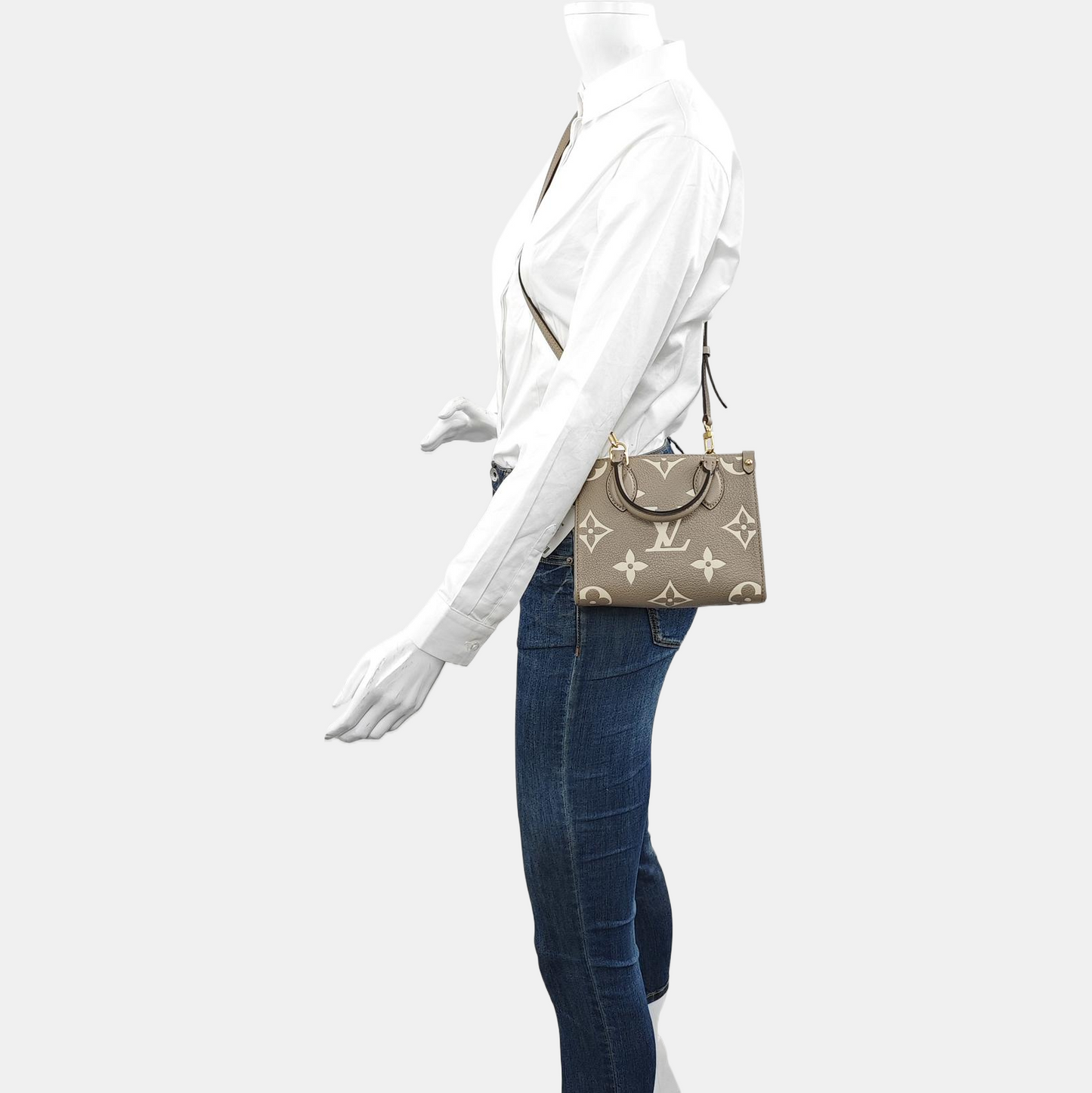 LOUIS VUITTON ONTHEGO BB Elephant Grey Leather Monogram Jungle Bag with Gold Hardware, Detachable Strap-(SKU)-970272031