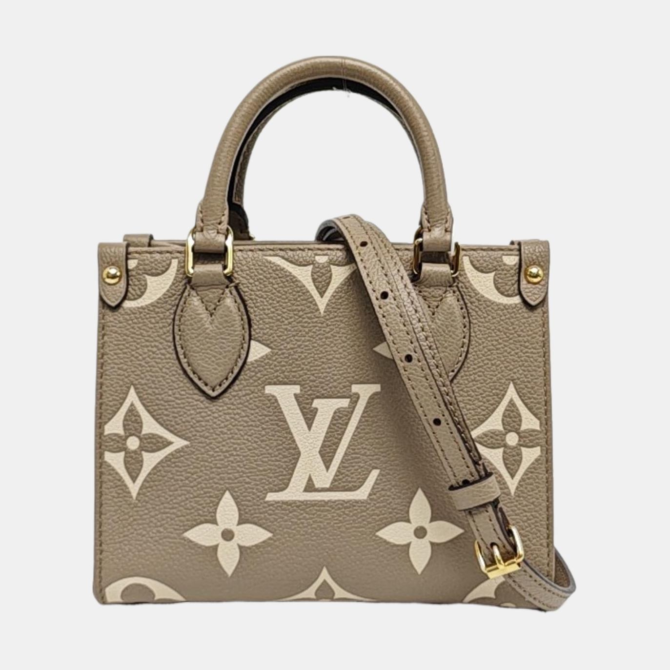 LOUIS VUITTON ONTHEGO BB Elephant Grey Leather Monogram Jungle Bag with Gold Hardware, Detachable Strap-(SKU)-970272031