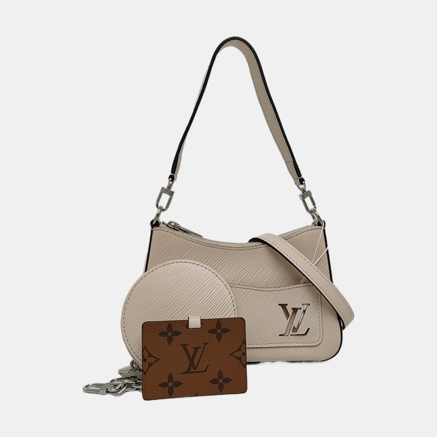 LOUIS VUITTON MARELLE White EPI Calfskin Water Ripple Shoulder Bag with Silver Hardware, 2 Pouches and Detachable Strap-(SKU)-970597498