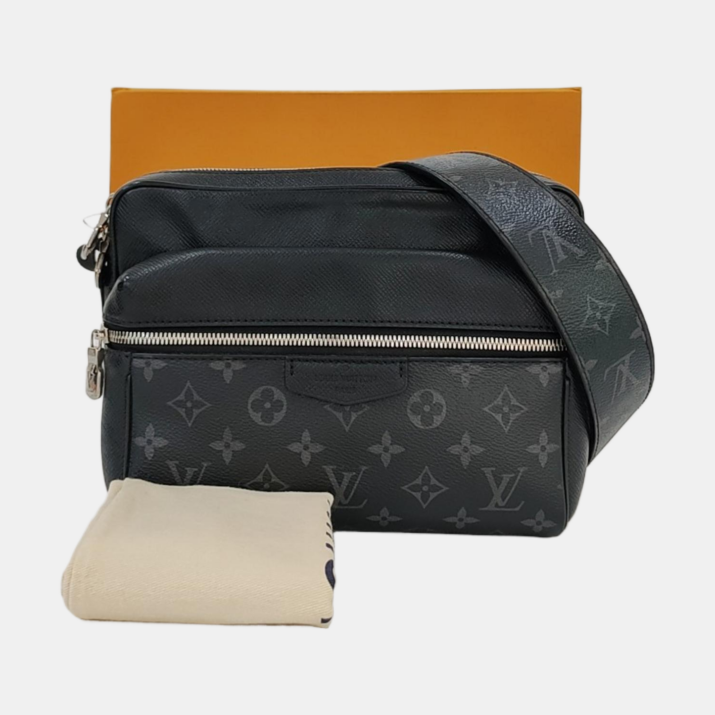 LOUIS VUITTON OUTDOOR Small Black Leather Monogram Messenger Bag Shoulder Bag Crossbody Bag Silver Hardware-(SKU)-970352142