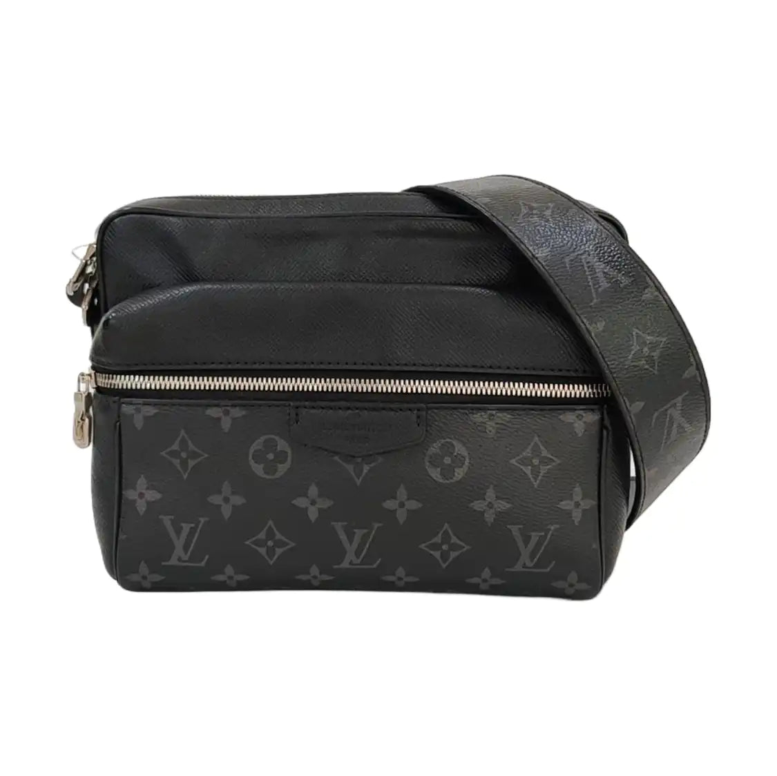 LOUIS VUITTON OUTDOOR Small Black Leather Monogram Messenger Bag Shoulder Bag Crossbody Bag Silver Hardware-(SKU)-970352142