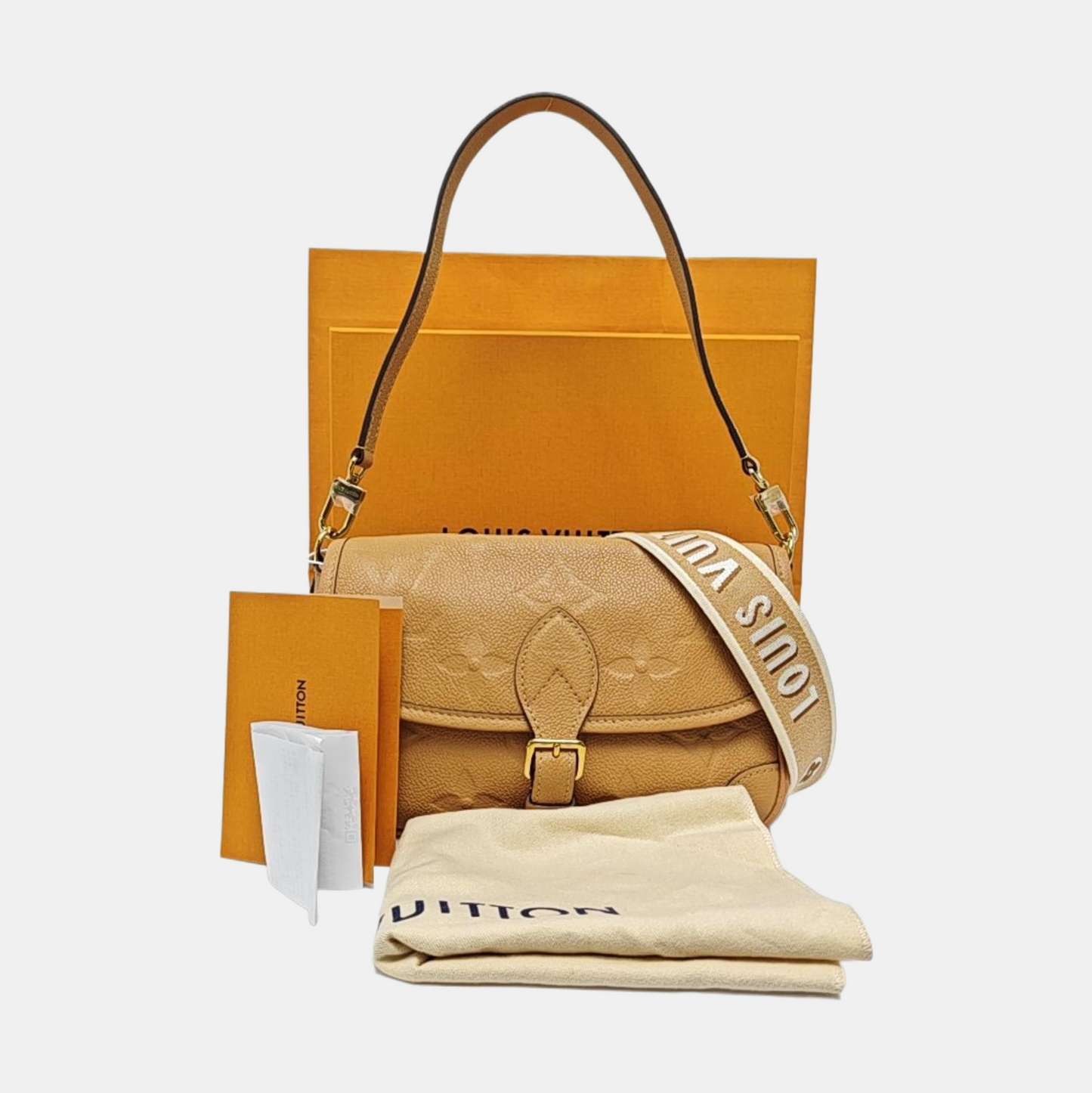 LOUIS VUITTON DIANE Small Brown Leather Monogram Crinkle Baguette Shoulder Bag Tote Crossbody Bag with Gold Hardware and 2 Removable Straps-(SKU)-970014496